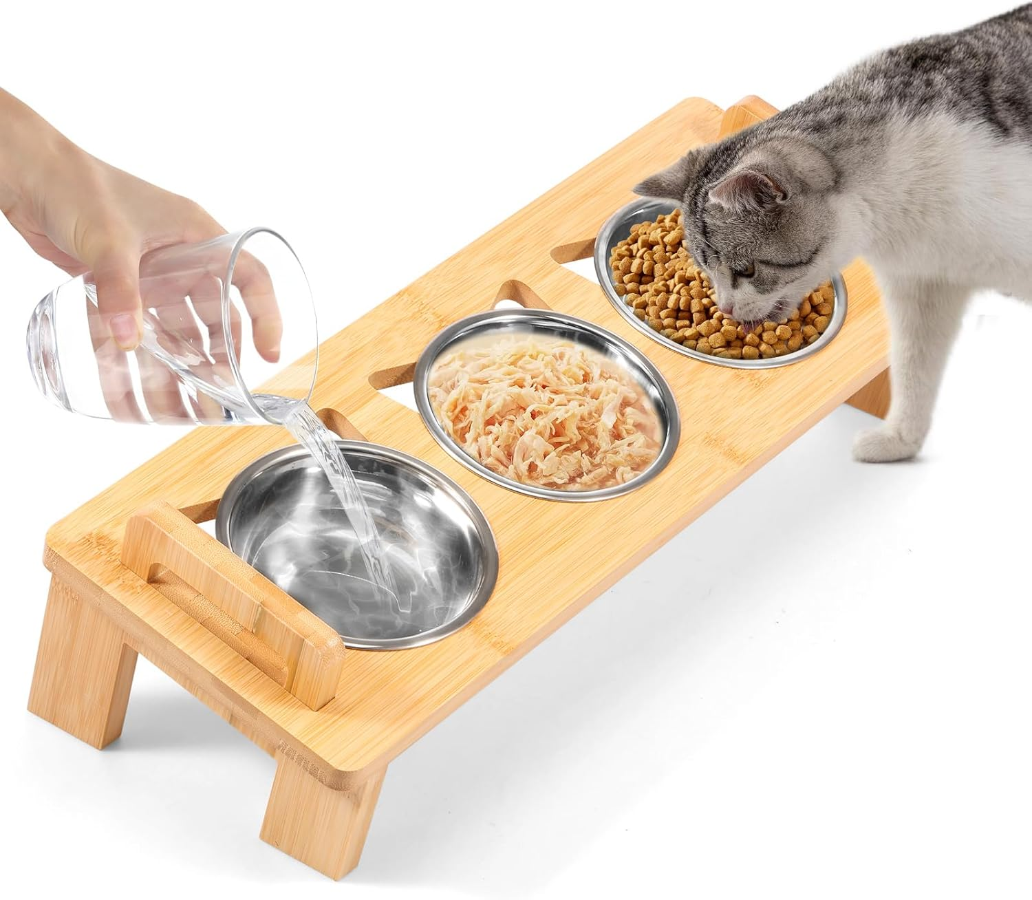 Elevated Cat Bowls with Bamboo Stand Tilted Raised Pet Food Feeding Dishes with 3 Stainless Steel Bowls for Cats and Puppy (3 Bowls) image number 5