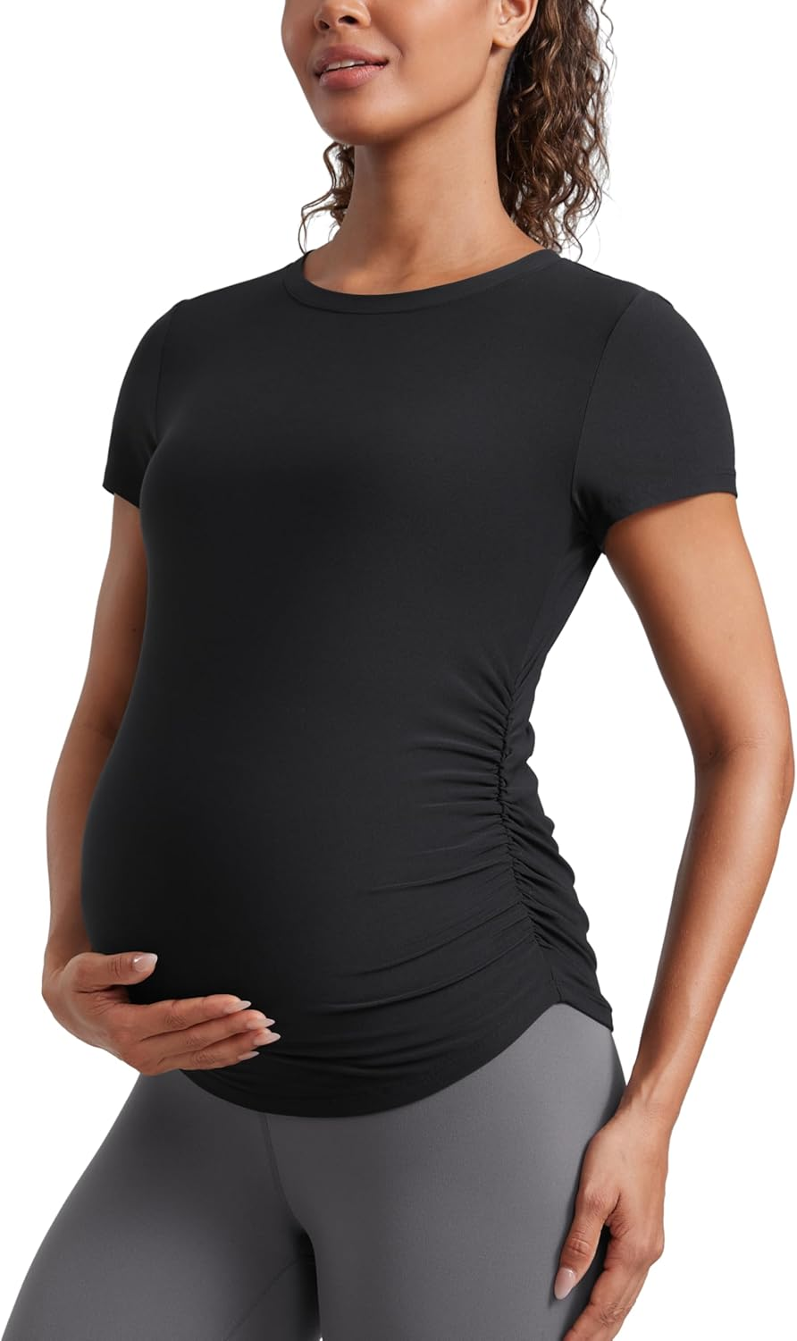 CRZ YOGA Cloudweight Maternity Shirts for Women Pregnancy Short Sleeve Side Ruched Tops Soft Yoga Casual Athletic T-Shirts
