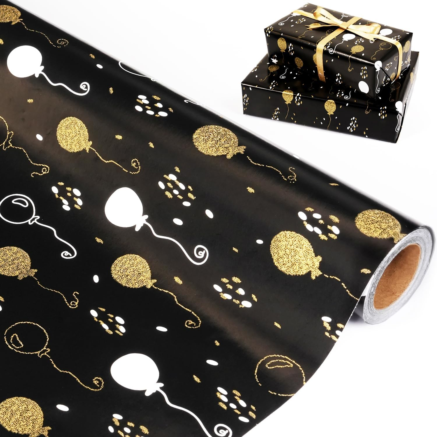 Birthday Gift Wrapping Paper Roll - Metallic Gold Black Wrapping Paper - Black Gold White Balloon Designs Gift Wrap for Birthday Baby Shower Holiday Party Decor - Mini Roll-17Inch*33Feet (Black Gold)