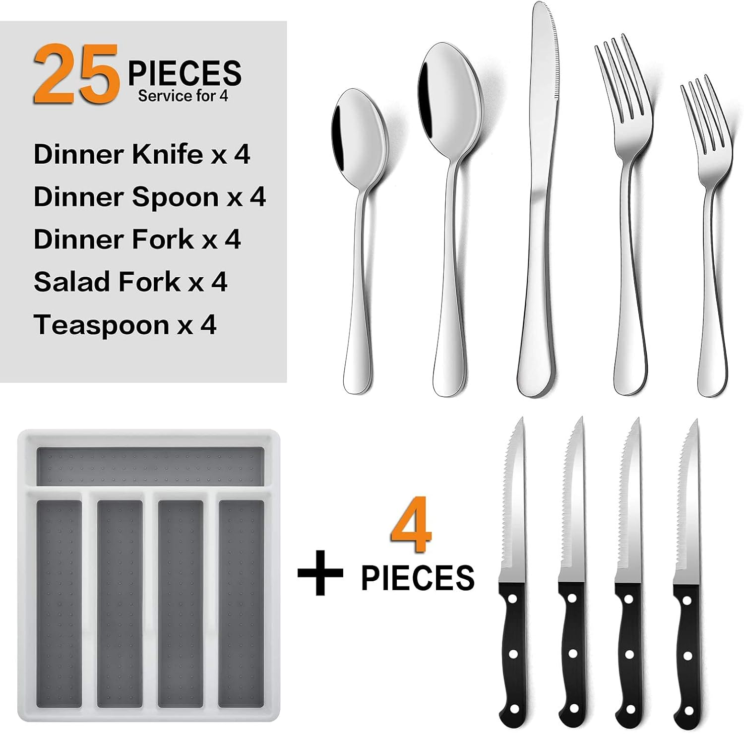 Cutlery Set with Organizer, 24-Piece Silverware Set with Steak Knife, Stainless Steel Flatware Set Service for 4 image number 2