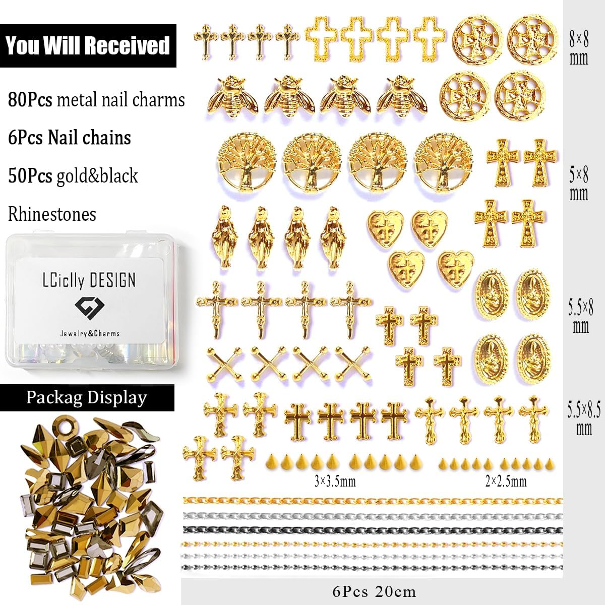 136Pcs 3D Nail Charms Rhinestones for Acrylic Nail Art Metal Nail Chains Gold Cross Heart Vintage Alloy Nail Rivet Studs Tip Punk Accessories Decoration Craft DIY image number 4