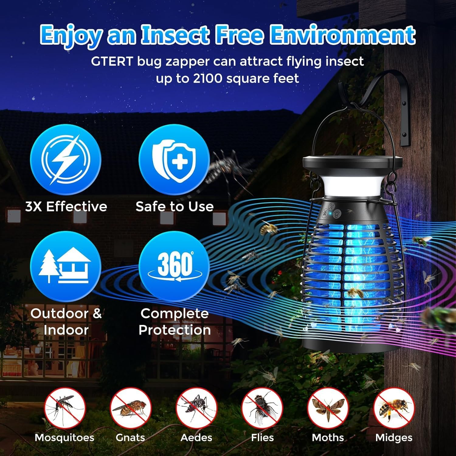 Solar Bug Zapper Outdoor, Electric Bug Zapper, 4000Mah Rechargeable Mosquito Zapper, Cordless Fly Zapper, 4 Modes Waterproof Insect Zapper for Home Garden Patio Backyard Camping Black image number 5