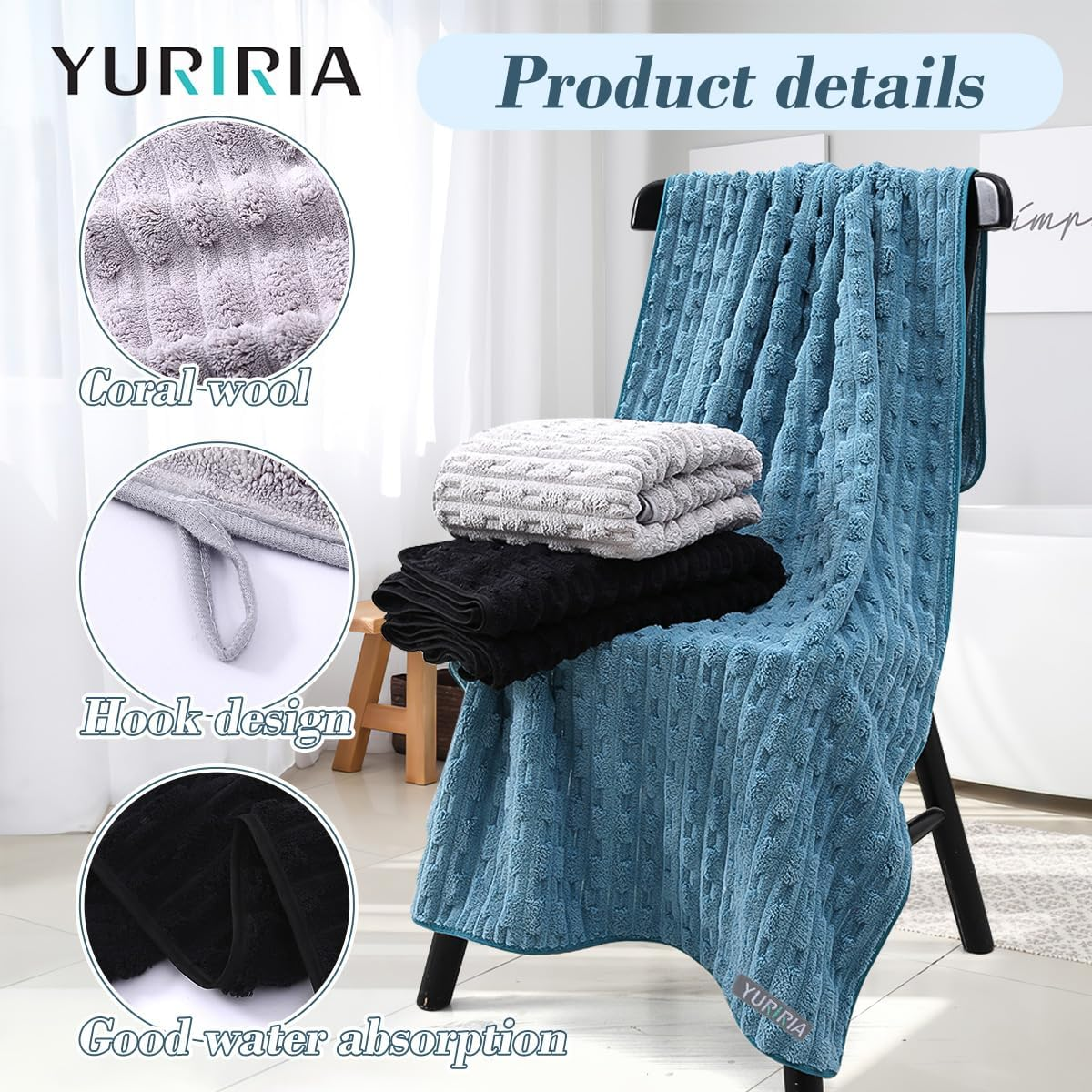 4 PCS Large Coral Towel Set Ultrasoft Bath Towels Absorbent Hand Towel for Bathroom, Hotel, SPA, Sports, Pool (Black+Grey) image number 3