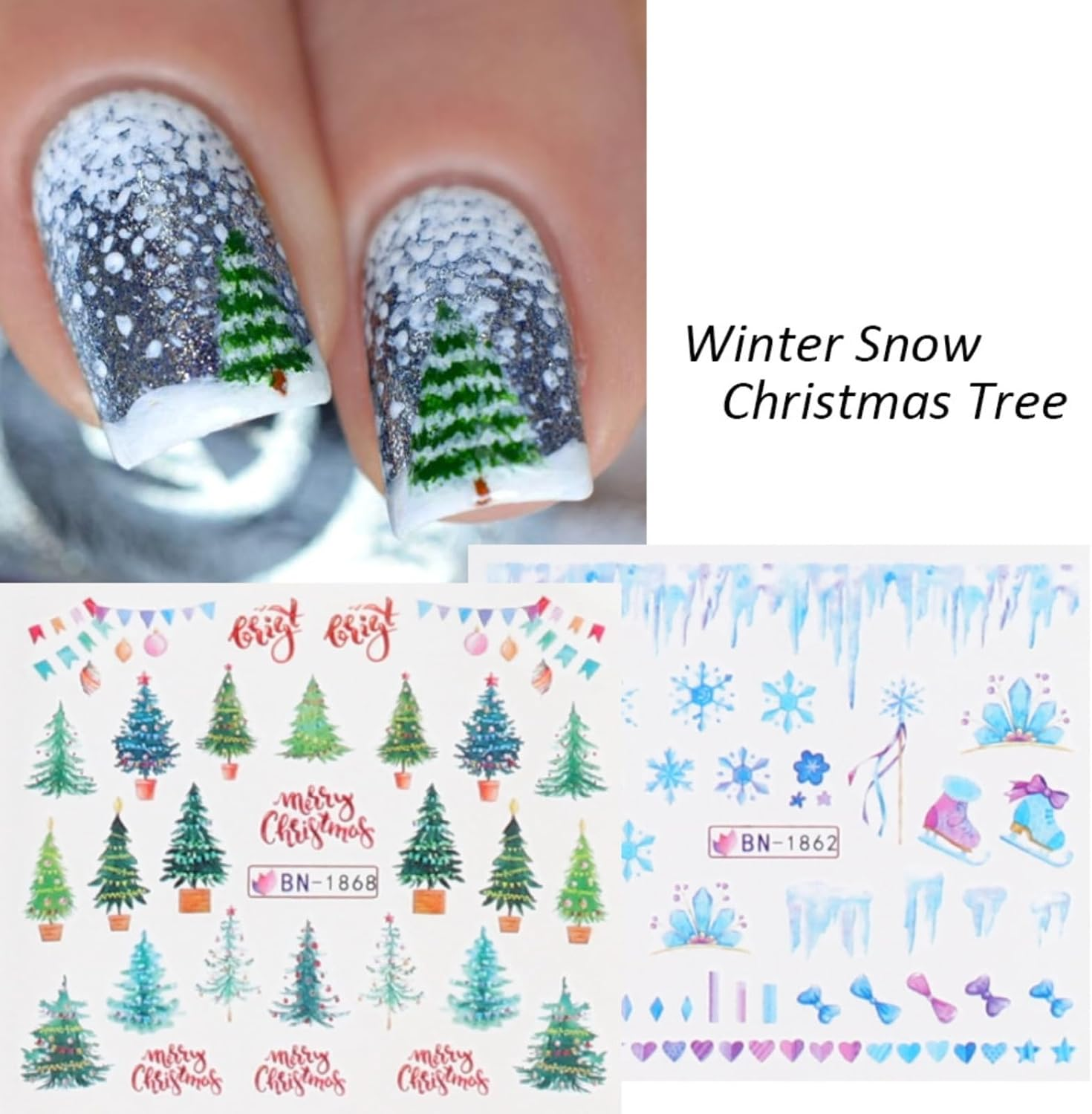 Itadaku 1 Sheet Christmas Nail Stickers, Snowflake, Santa, Elk, Transfer Decals for Winter Art, Xmas Nail Decorations for Women & Girls image number 3