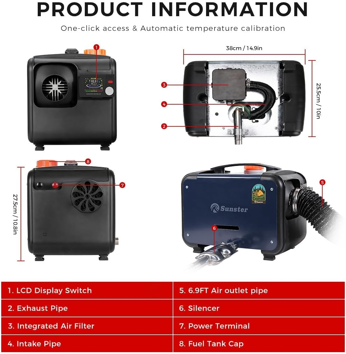 Sunster Upgrade 12V 24V 8KW Diesel Air Heater with Bluetooth APP Control Night Heater Diesel All-In-One with Remote Control &LCD Monitor for Car Trucks Boat Bus RV and Trailer Campervan Tent image number 6