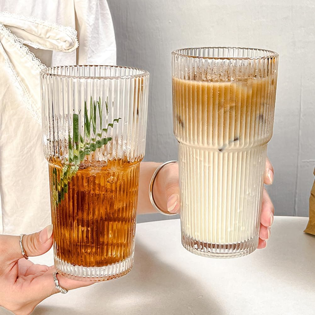20 Oz Ribbed Glass Tumblers with Lids and Glass Straws- 4/2 Pack Ribbed Glass Iced Coffee Cup with Straw and Lid, Thicken Glasses, Ideal for Smoothieds, Cocktails, and Juices (4, 600 ML) (4, 600ML) image number 2