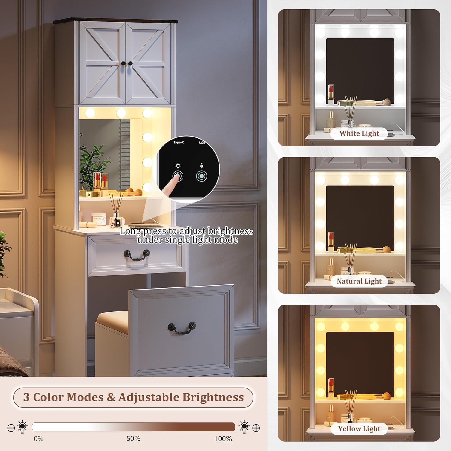 Dystler Vanity Desk with Mirror and Lights, Compact Makeup Table W/Storage Drawers & Shelves, Farmhouse Vanity Table with Hidden Chair for Bedroom, White Dressing Table for Women/Lady