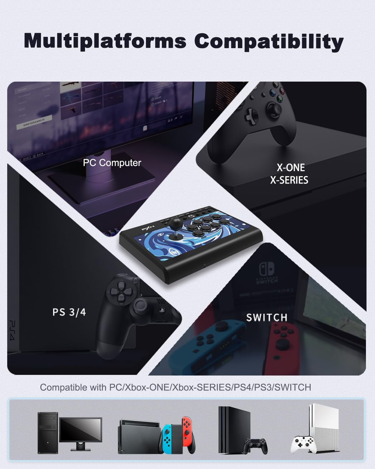 PXN 008 Arcade Fight Stick with 360 Degree Joystick Blue Switch Mechanical Buttons Turbo Function and Audio Connection for Fast Immersive Arcade Action Compatible with PC Playstation Xbox and Switch image number 3