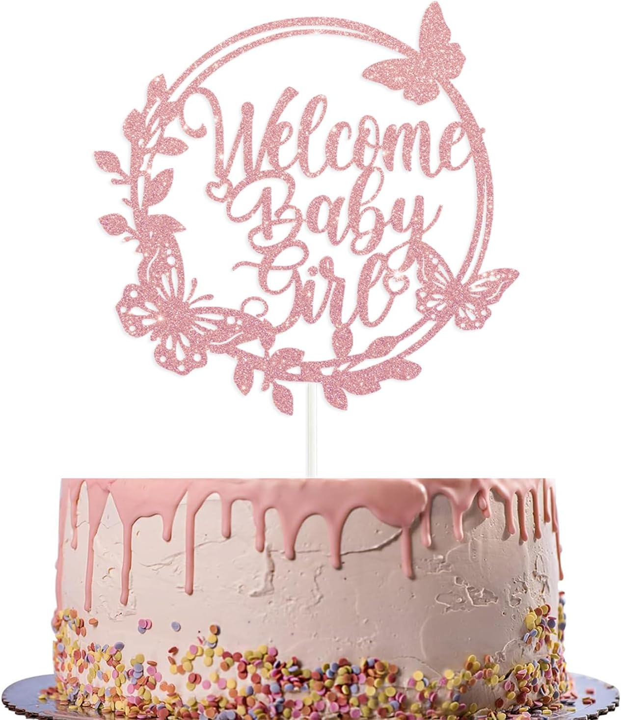 Welcome Baby Girl Cake Topper - Rose Gold Glitter Shower Decorations for Cake Decor image number 1