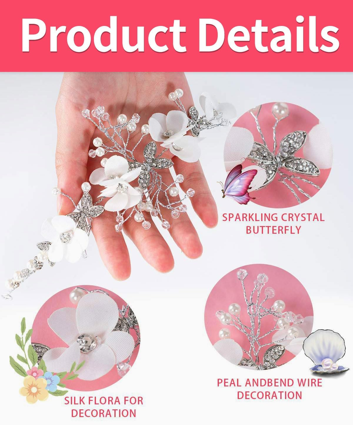 BPTRKOM 1 X Princess Flower Headpiece Pearl Hair Dress Crystal Bridal Wedding Hair Accessories Flower Bride Hair Accessories for Girls Flower Girl (White) image number 1