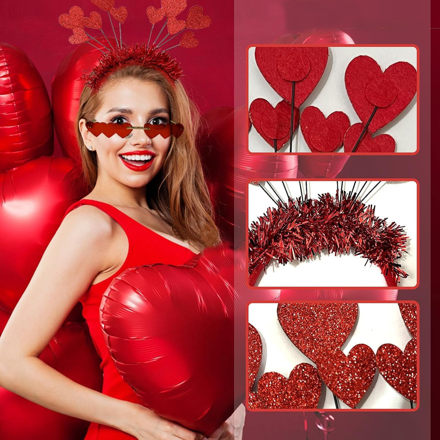 HXUING Heart Headband Glitter with Heart Shape Glasses, Heart-Shaped Headband, Heart Headband, Red Sequins, Heart Headband, Party Glasses, Hair Bands, Hair Accessories for Valentine'S Day, Wedding, image number 1