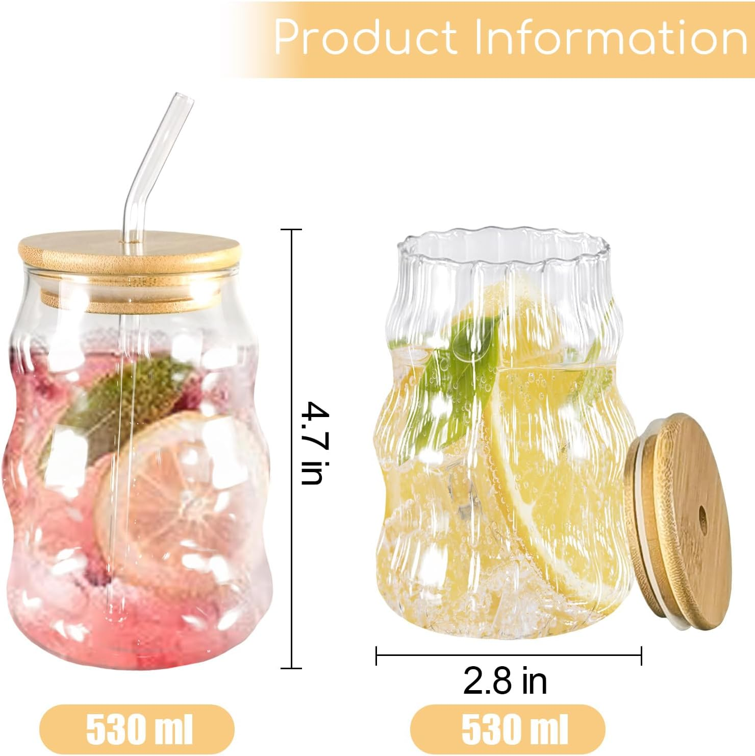 2 Pcs Ribbed Glass Cup Set 18 Oz Wave Shape Design Bubble Cups Vintage Drinking Glassware for Iced Coffee Milk Juice Cocktails Beverage image number 2
