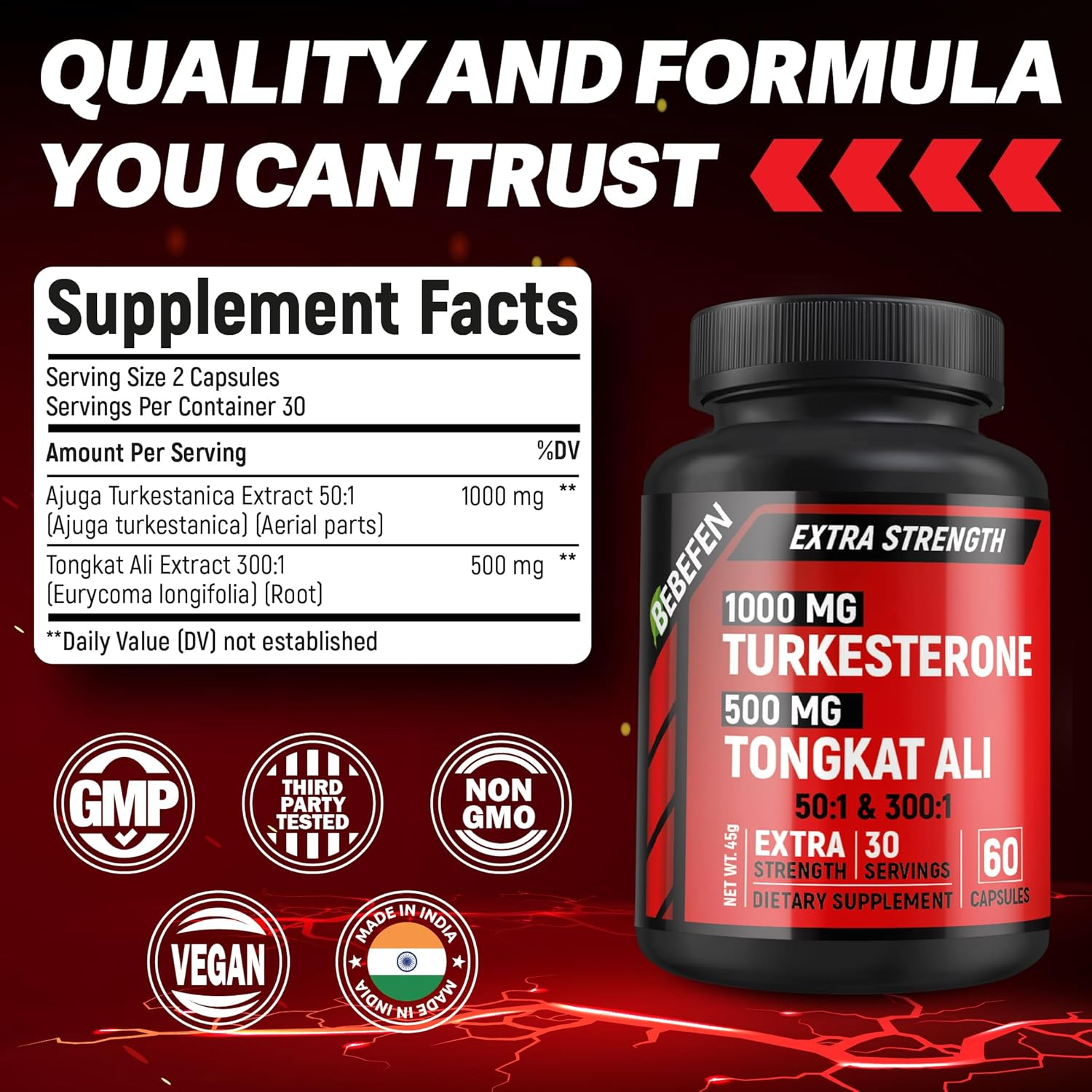 Turkesterone 1000Mg and Tongkat Ali 500Mg Supplement - Max Purity - Tongkat Ali Extract and Turkesterone Supplement for Men - Zero Fillers - Non-Gmo (60 Capsules) image number 6