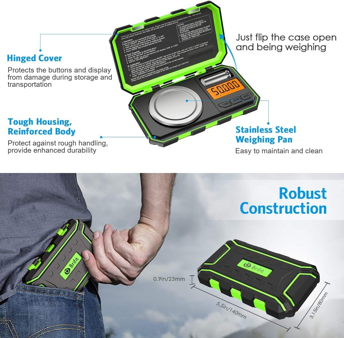 AMIR Digital Milligram Scale, 50G Max High Precision Pocket Sized Jewelry Scale, Electronic Smart Scale with 50G Calibration Weight (Battery/Tweezers Included, Green) image number 5