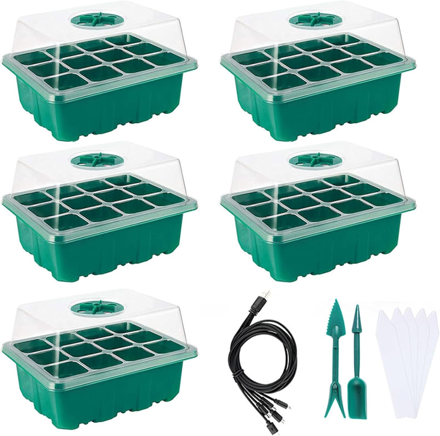 5 Pack Seed Starter Tray with Grow Light Humidity Domes, 60 Cell Trays Germination Station Cloning Kit (Green)