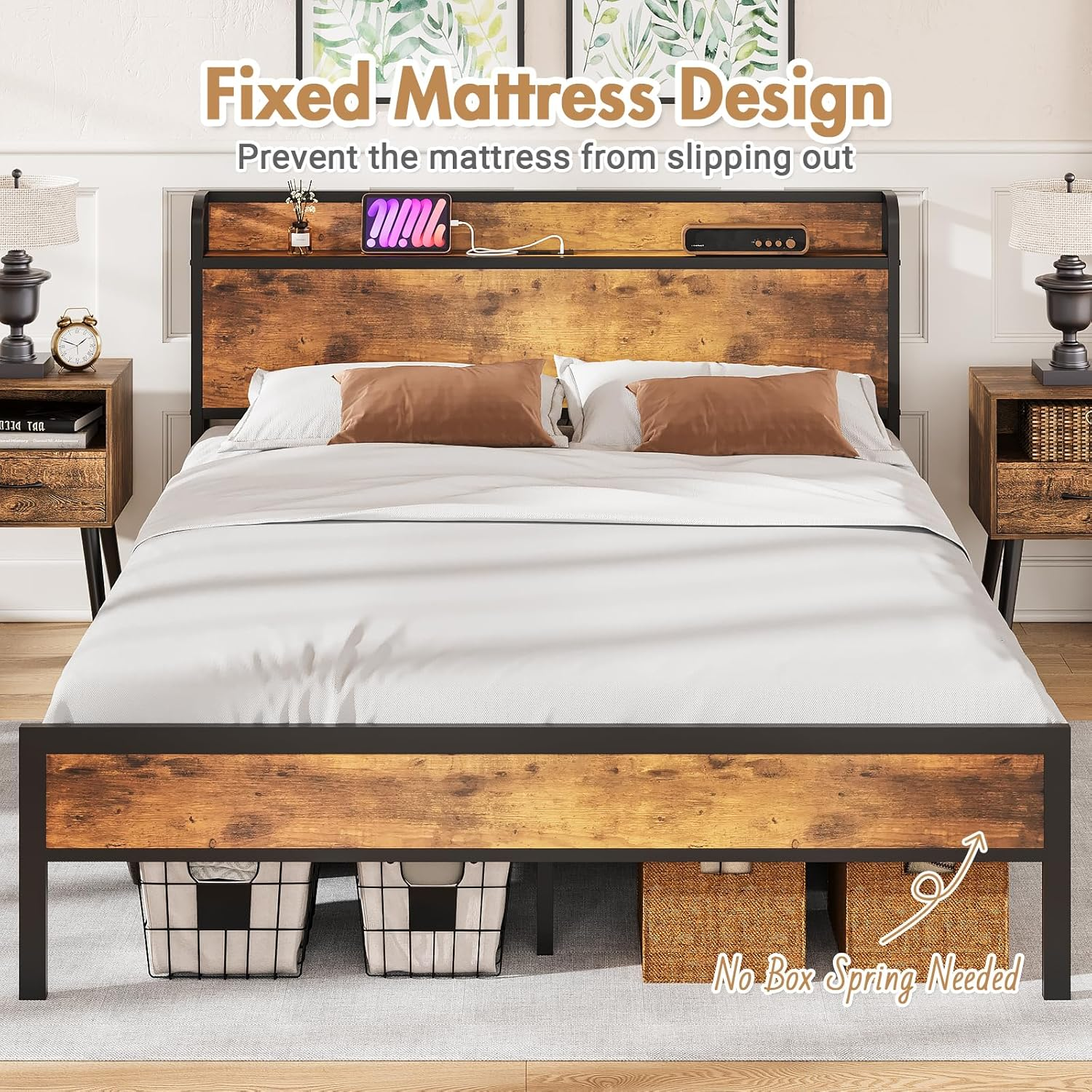 ADVWIN Double Size Bed Frame, Storage Headboard with Charging Station, Industrial Upholstered Platform Bed with Metal Mattress Base Support, No Box Spring Needed, Rustic Brown image number 6