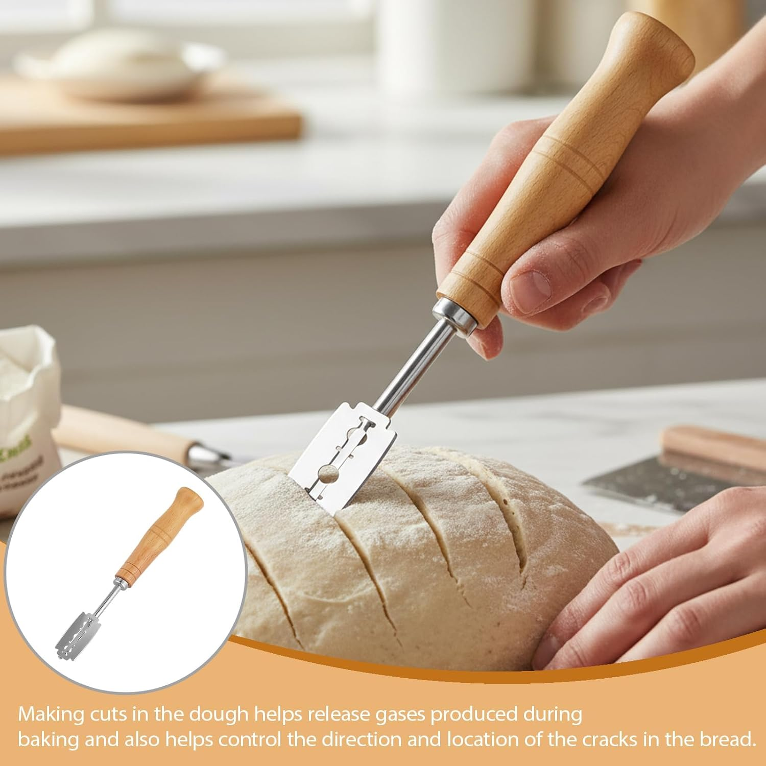 Dough Whisk, Danish Dough Whisk with 5 Blade Bread Lame and Leather Case, Medium Dual Loop Mixer for Sourdough, Cake Batter, Thick Dough, Baking Essentials Kit image number 3