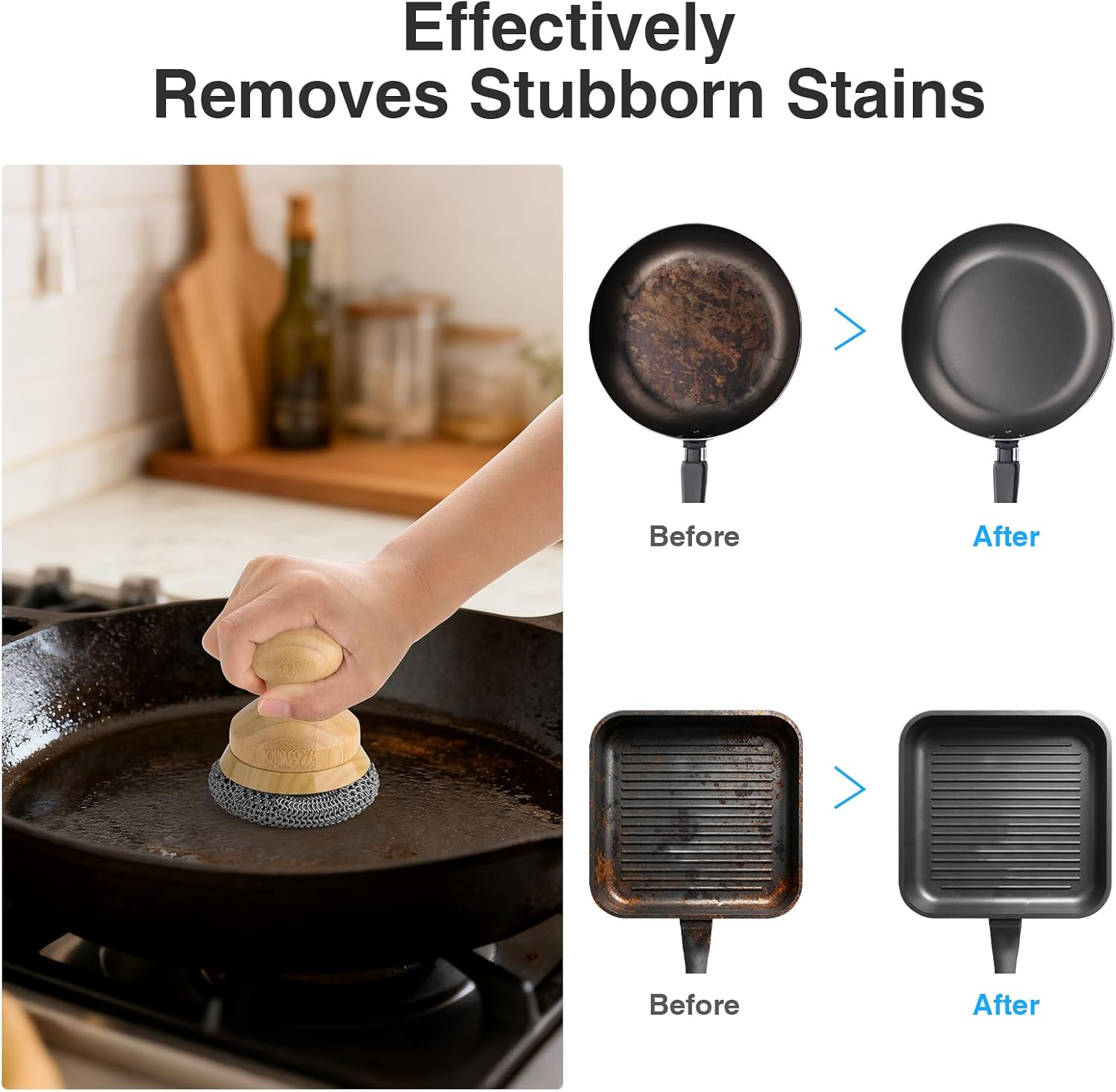 Beeptrum Cast Iron Scrubber and Scraper,Chain Mail Cleaner with Bamboo Handle & Draining Tray,316 Stainless Steel Brush for Cleaning Pots,Pans,Wok,Bakeware,Griddles, Grills,Dishes (Small Chain Mail) image number 5