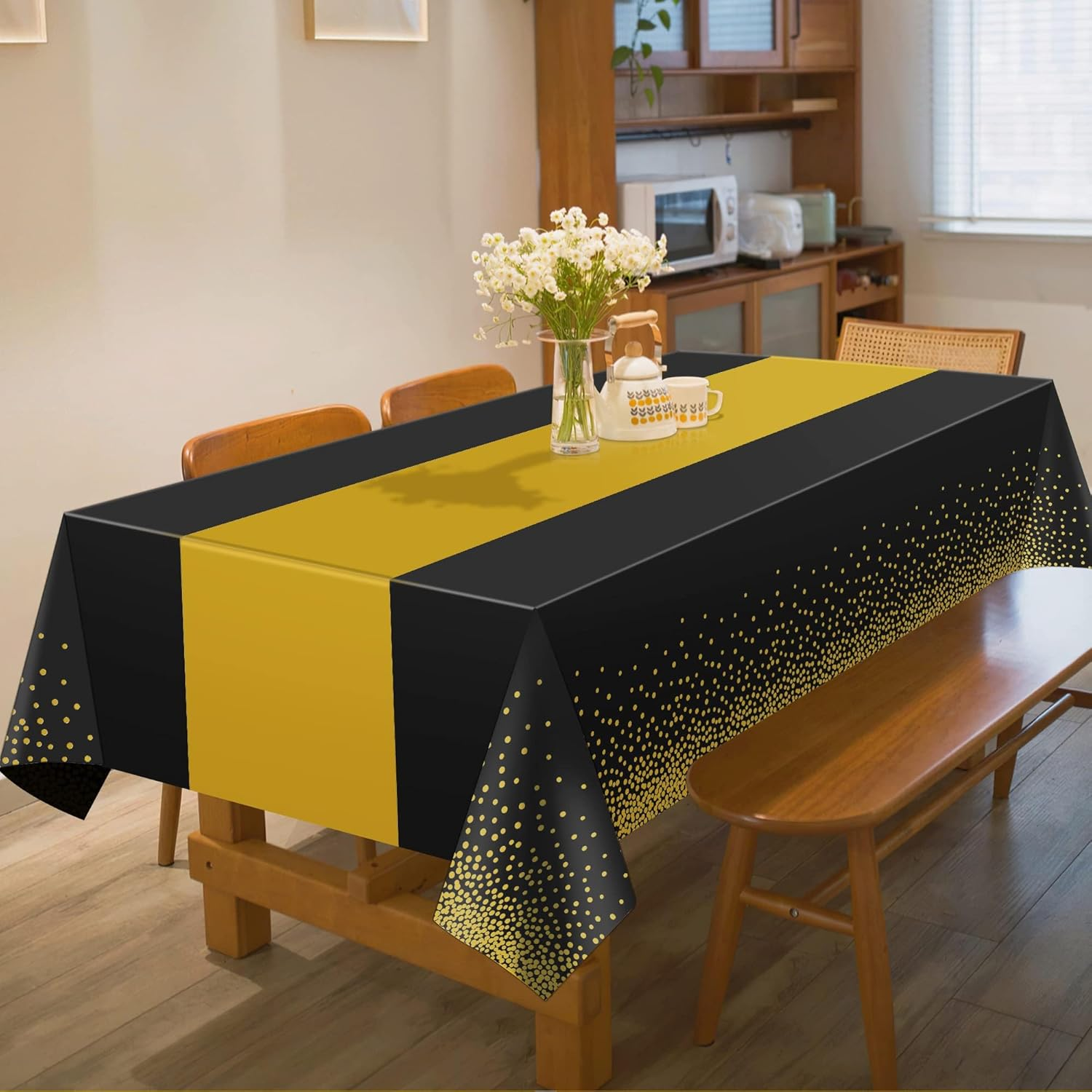 4 Pack 54" X 108" Disposable Plastic Table Cloth,Black and Gold Dot Tablecloths Birthday Wedding Graduation Valentine'S Day Party Supplies Christmas Decorations image number 5