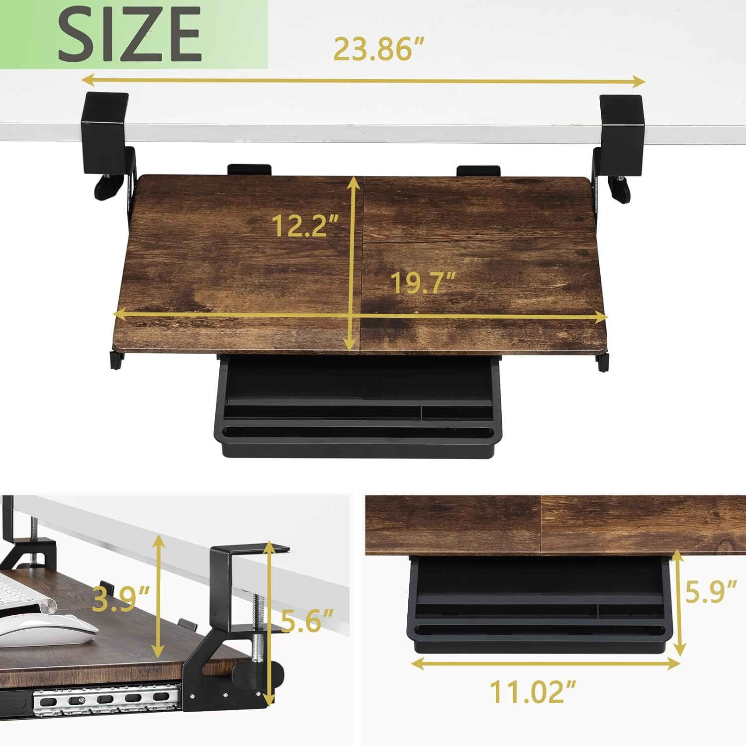 ETHU Keyboard Tray under Desk, 19.7" X 12.2" Small Size C Clamp Keyboard Drawer under Desk, Computer Keyboard Stand Slide Pull Out, Ergonomic Keyboard Tray for Home, Office (Wood) - Oak image number 7