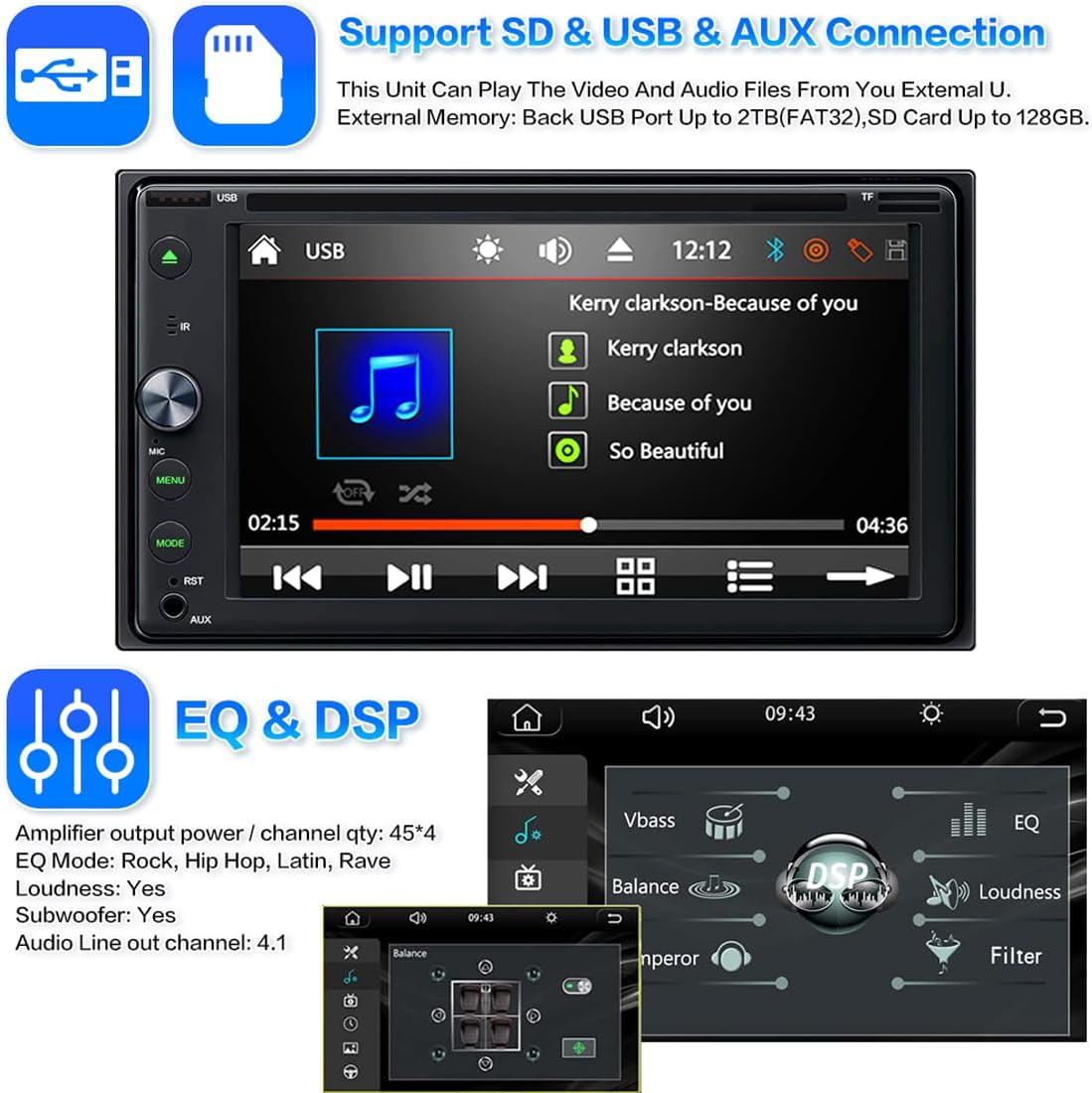 6.2 Inch Double Din Apple Carplay, Android Auto Car Stereo HD Touchscreen Bluetooth Multimedia DVD CD Radio Player, Car Play Mirror Link Car Audio Receiver RDS AM FM USB SD AUX image number 6