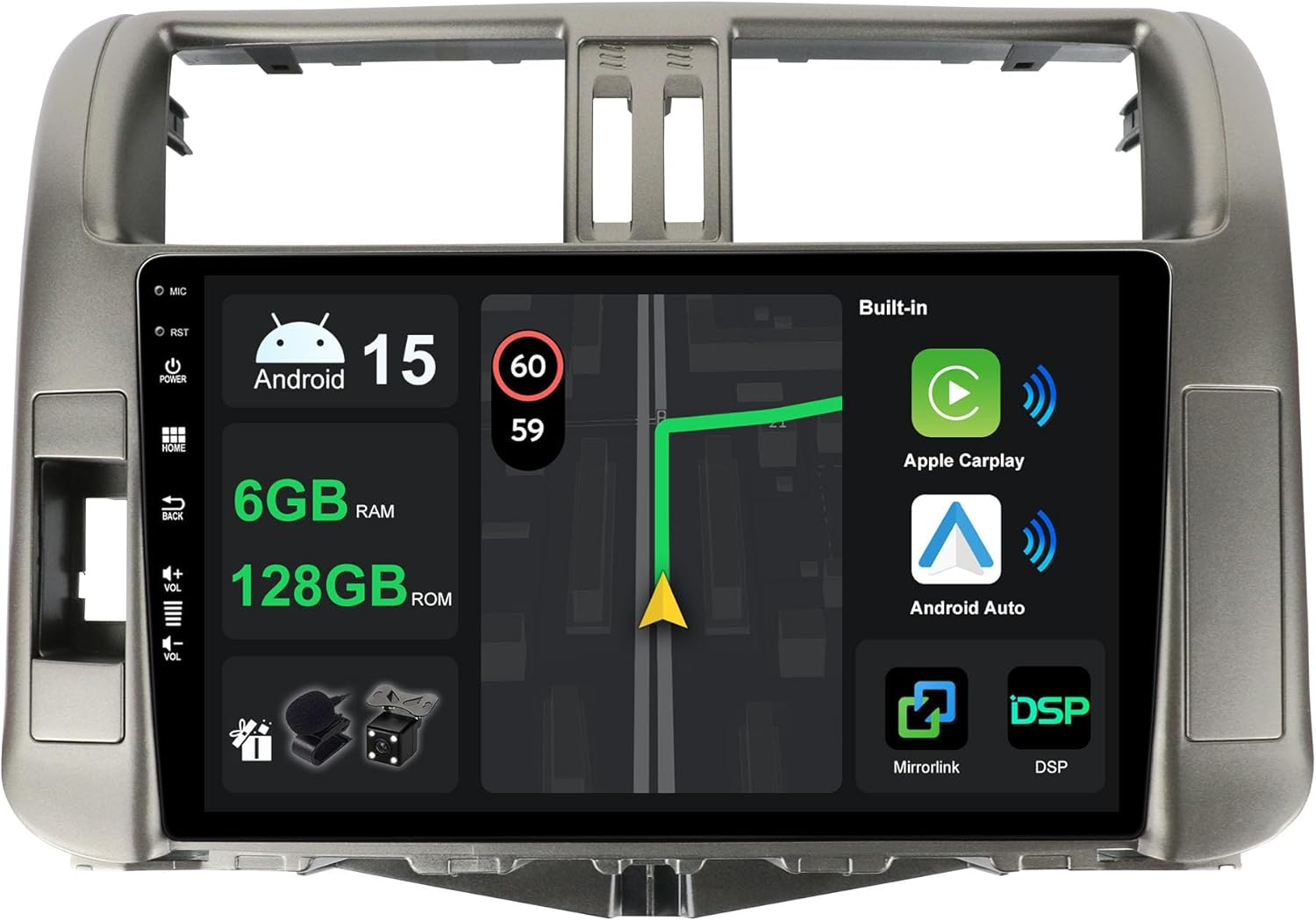 [8 CORE 6G+128G] Car Radio for Toyota Land Cruiser Prado 2010-2013 with Wireless Carplay/Android Auto, 9 Inch Android 15 IPS Touch Screen Car Stereo, Bluetooth, GPS, Wifi, SWC, DSP + Backup Camera&Mic