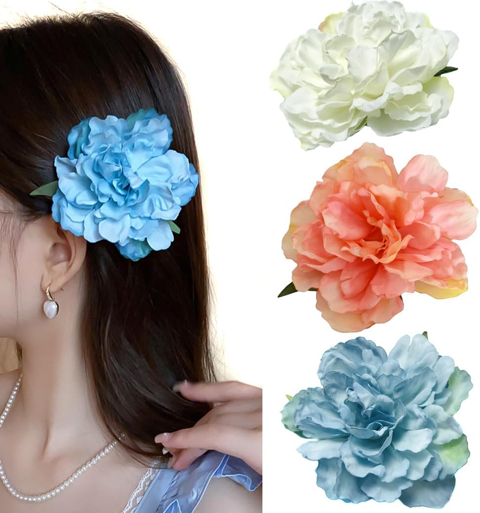 3Pcs Peony Hair Clips Artificial Flower Hair Pins Flower Hair Barrette Accessories Bohemian Flower Hairpin for Party Beach Wedding image number 5