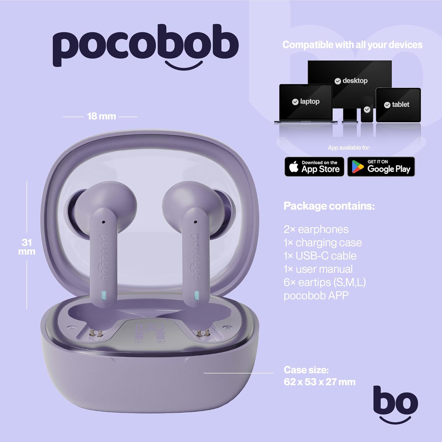 Pocobob 8 Bluetooth 5.3 In-Ear Headphones with Microphone, ENC, App Control, 32 Hour Battery, Touch, USB-C, IPX4 Water Protection - True Wireless Earbuds - Light Purple