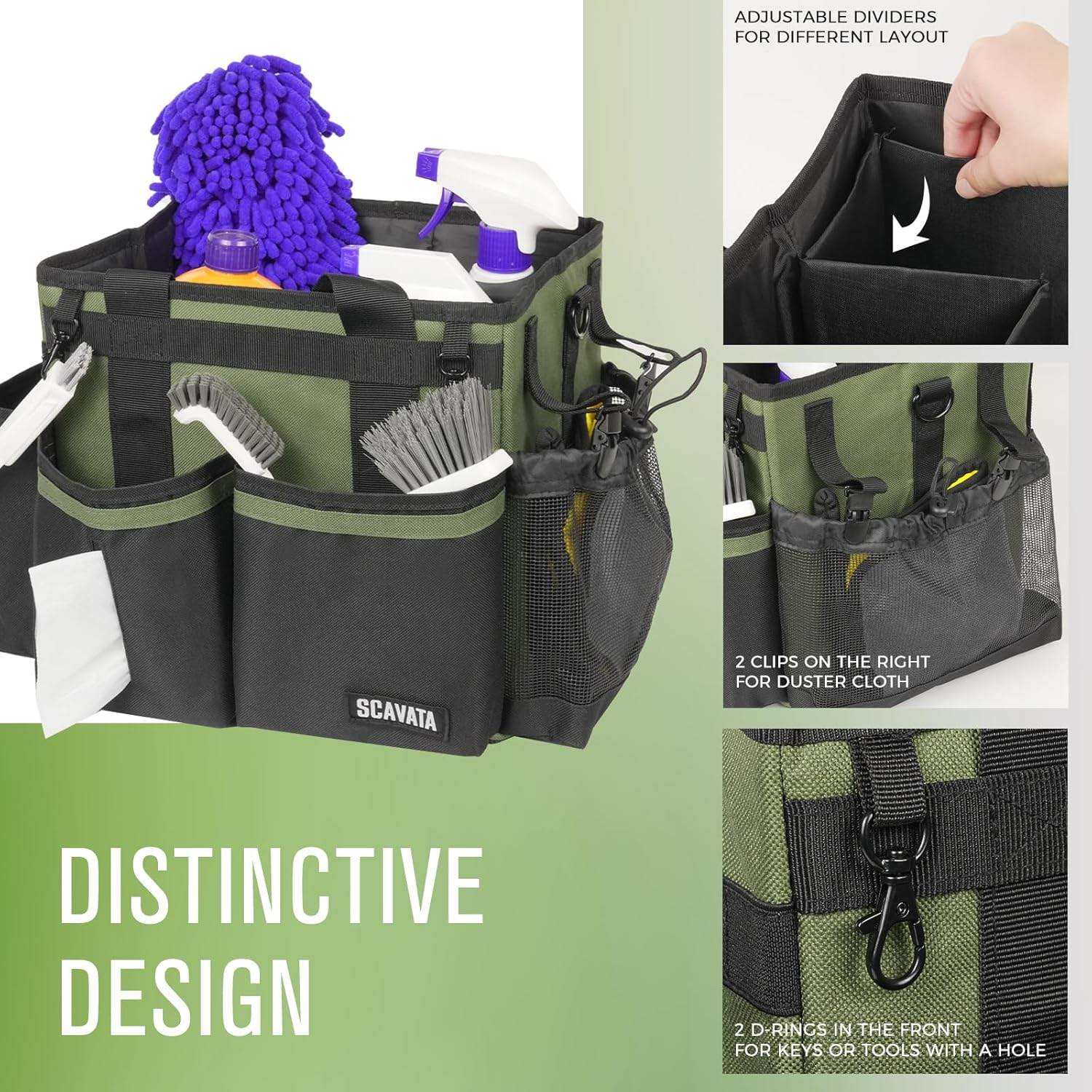 SCAVATA Compact Wearable Cleaning Caddy, Small Cleaning Caddy Supplies Organizer with Handle & Shoulder Straps for Housekeepers, under Sink & Car Cleaning Tool Organizers Bag (Armygreen) image number 1