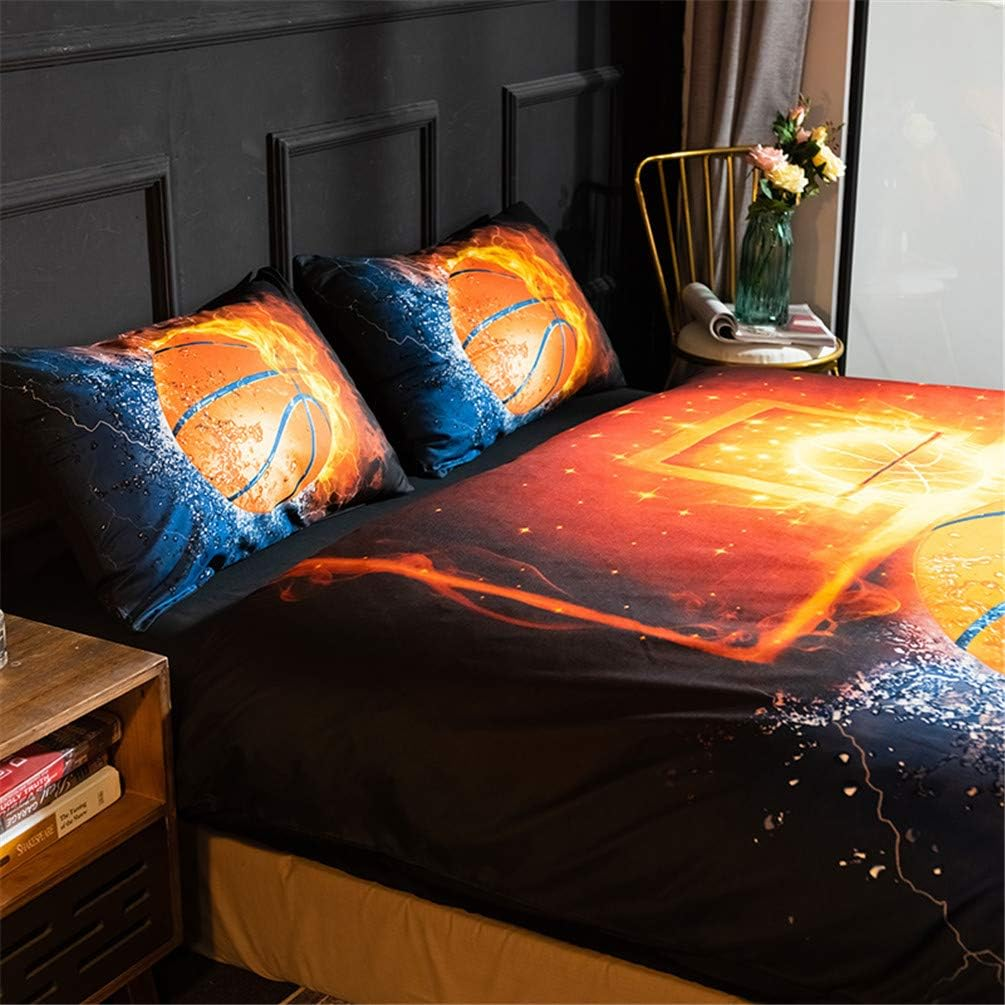 Mozeo 3D Basketball Fire Bedding Duvet Cover Set 3 Piece (1 Duvet Cover+2 Pillowcase) for Teen Boys Sports Microfiber Bedding Quilt (Double Basketball Fire) image number 5