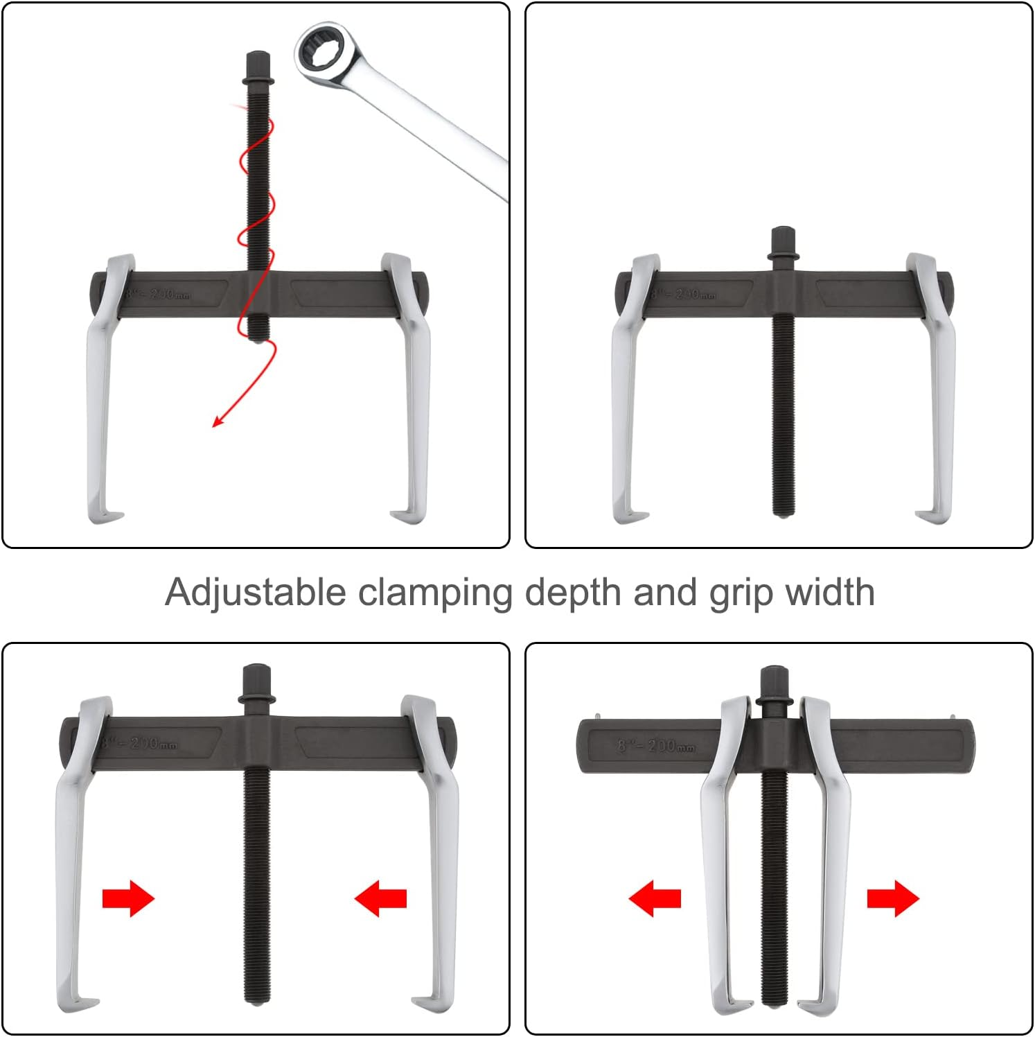 8 Inch CR-V 2-Jaw Gear Puller, Adjustable Bearing Puller Gears, Reversible Removal Tool for External Internal Pulling, Single Hook Two Claws Puller Tool Separate Lifting Device