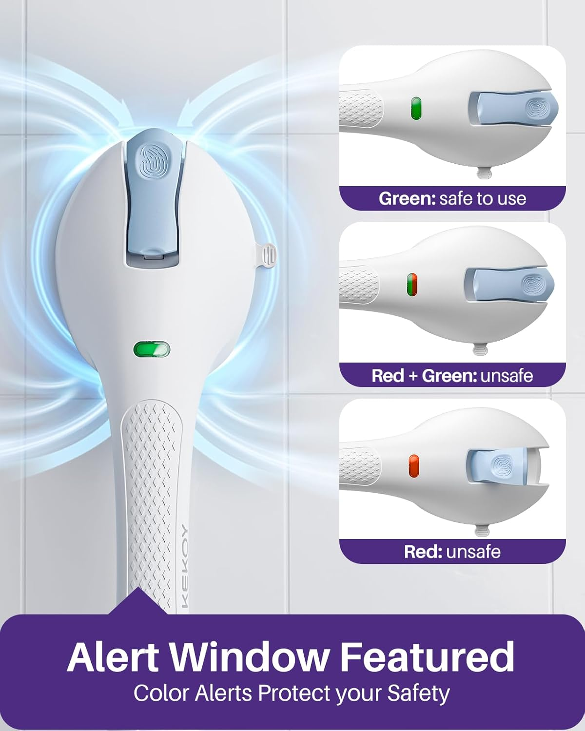 KEKOY 17.5 Inch Suction Grab Bars for Bathtubs and Showers with Indicator 2 Pack- Heavy Duty Safety Shower Handle for Seniors and Elderly, Handicap Bars for Bathroom, No Drilling and Removable, Blue - Purple image number 6