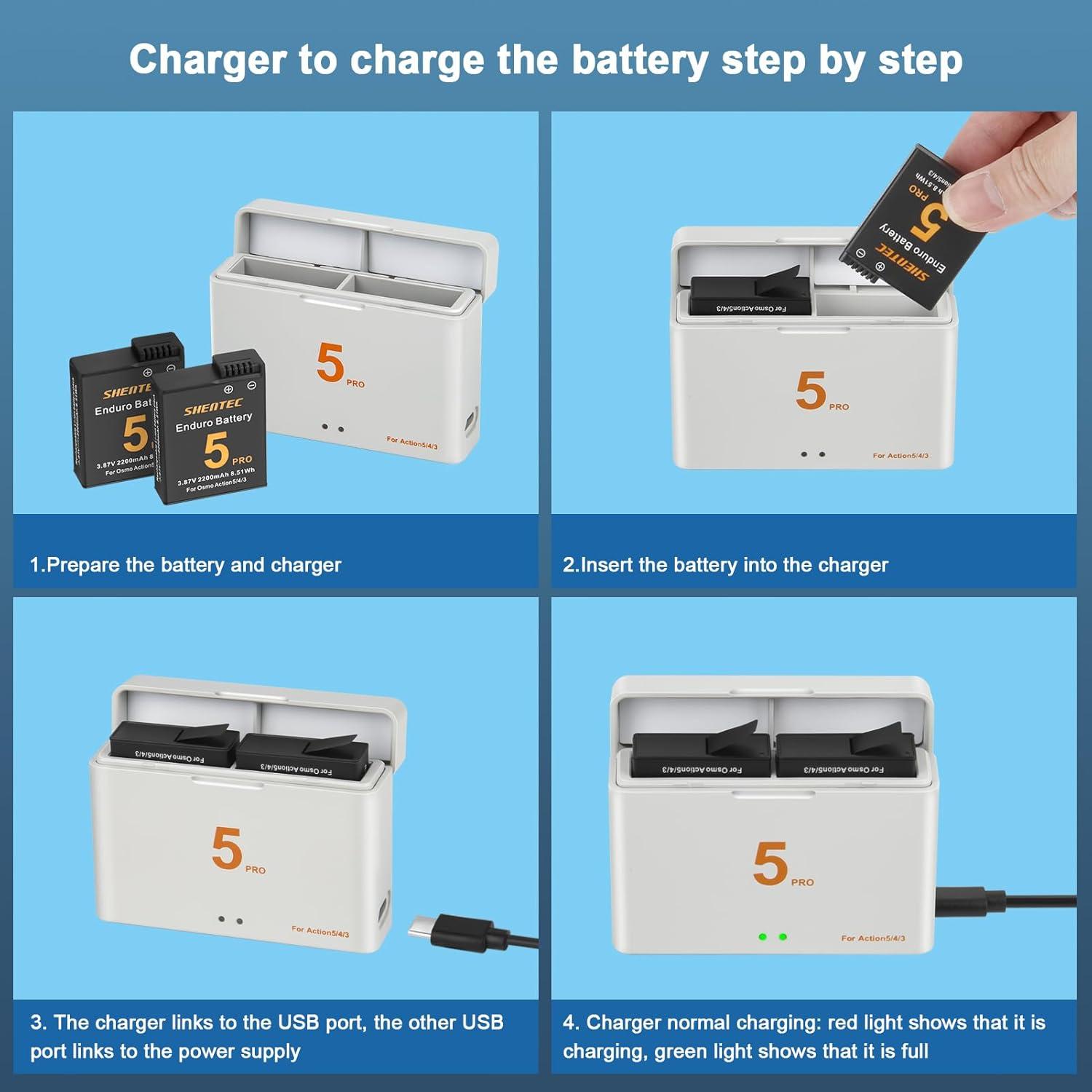 Pack of 2 Shentec 2200 Mah DJI Osmo Action 5 Pro/4/3, Batteries and LED Dual USB Charger Accessories, Compatible with DJI Osmo Action 3, Action 4, Action 5 Pro, Camera image number 2