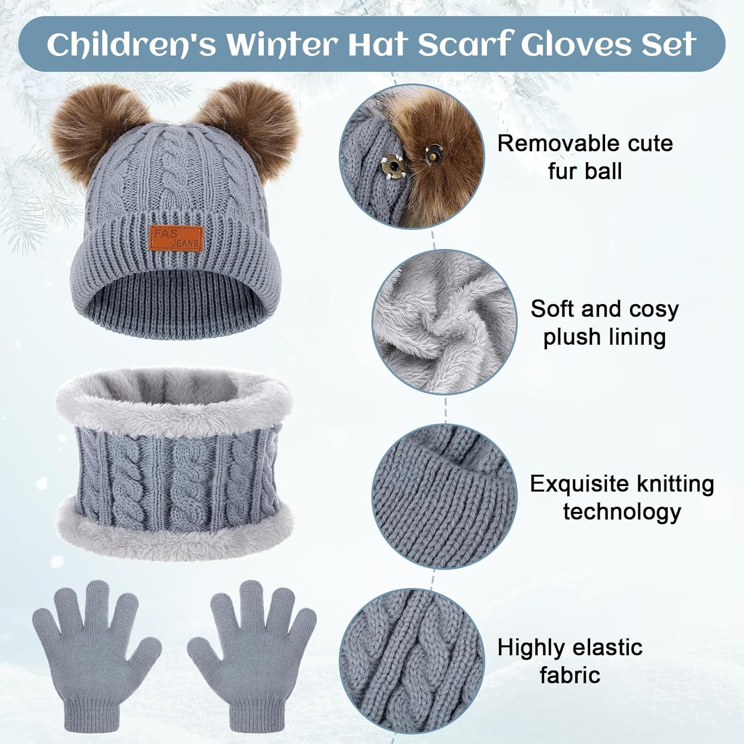Kids Hat Scarf Gloves Set, 3 in 1 Winter Pom Pom Hat Scarf Gloves Set for Girls Boys, Thermal Knit Thick, Kids Winter Warm Beanie Hat Scarf Gloves Set for 1-5 Toddler Outdoor Activities image number 4