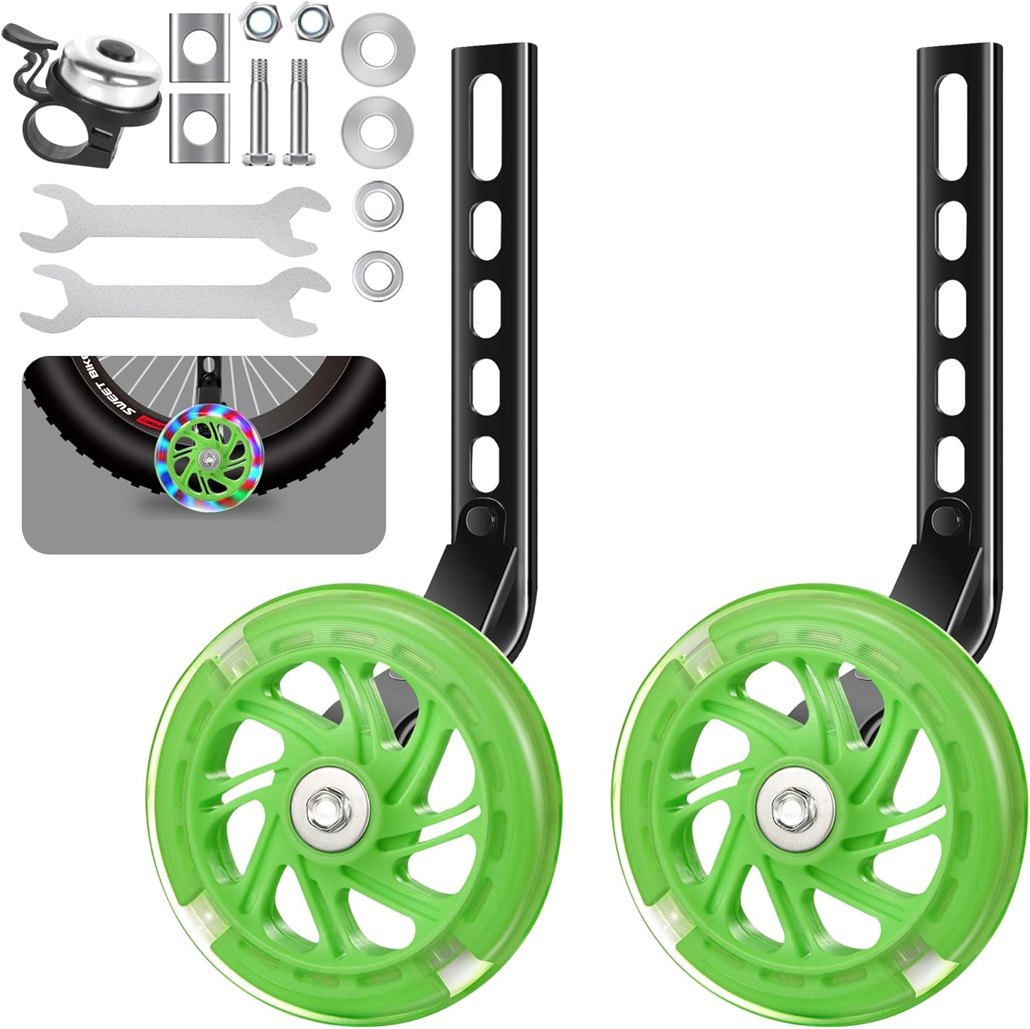 WIOSEIOC Bike Training Wheels,Thicken Stronger Flash Mute Wheel Adjustable Stabilizer Suitable for 12/14/ 16/18/ 20/ Inch Single Speed Bike, Including Mounted Kit