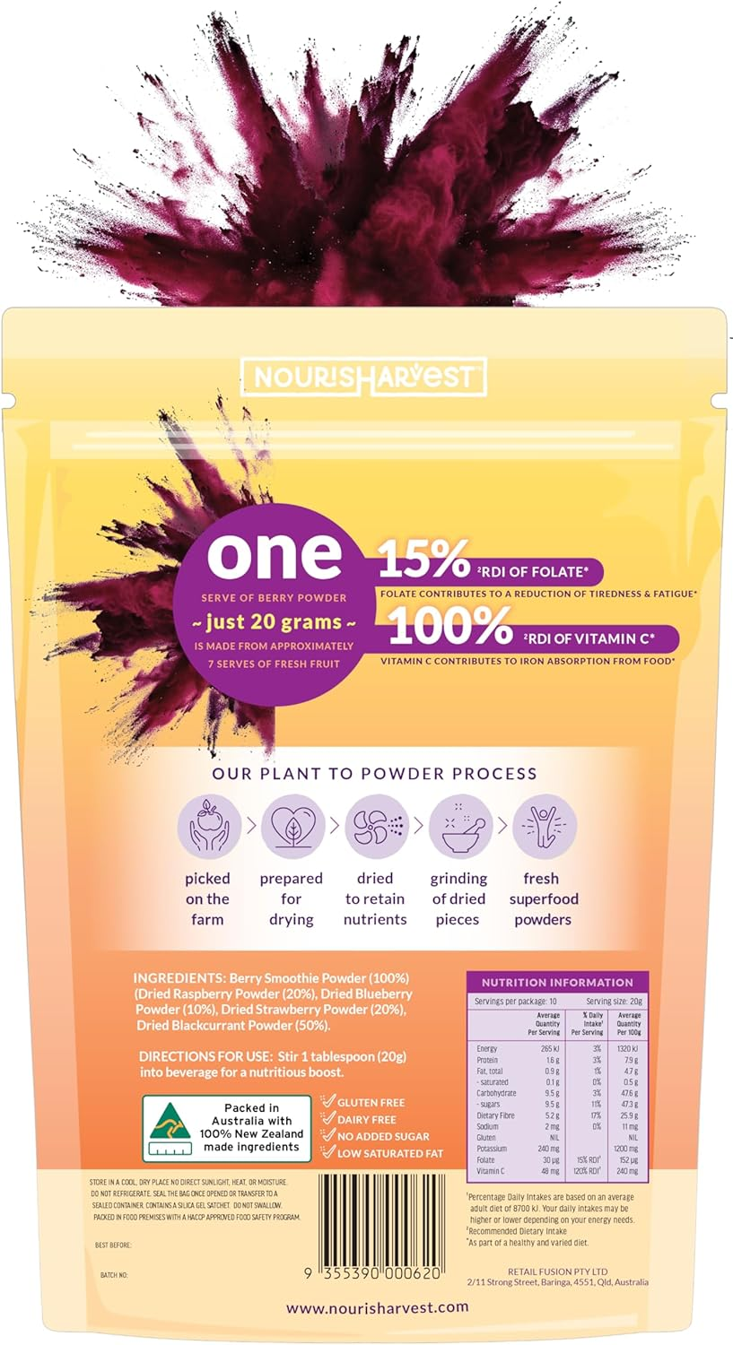 Nourisharvest Berry Smoothie Powder &ndash; 100% Natural Wholefood Blend with Blackcurrants, Raspberries, Blueberries & Strawberries &ndash; High in Fiber & Vitamin C &ndash; Antioxidant-Rich Superfood &ndash; Vegan, Gluten-Free &ndash; 200 Grams image number 4