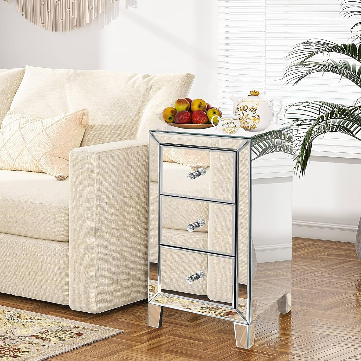 Design Glass Side Table Mirrored Nightstand with 3 Drawer End Table Mirror Accent Silver Table Mirrored Dresser,Nightstand Sets for Bedroom Mini Cabinet Bedside Tables Glass Tables Mirrored Furniture image number 6