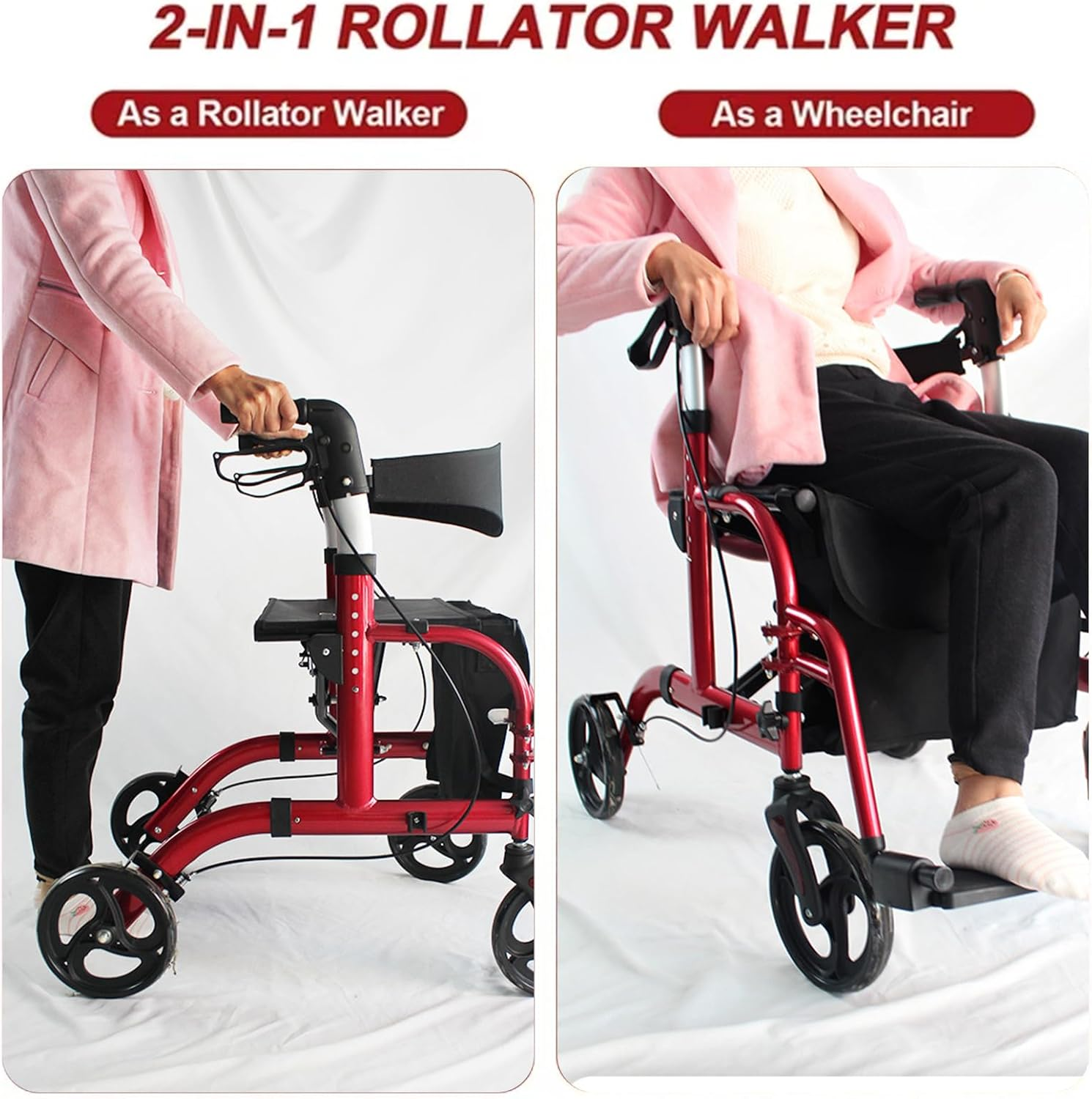 Lightweight Wheelchair & Mobility Walker &ndash; 2-In-1 Foldable Rollator with Seat, Brakes, 8" Wheels & Detachable Bag (Red) image number 3
