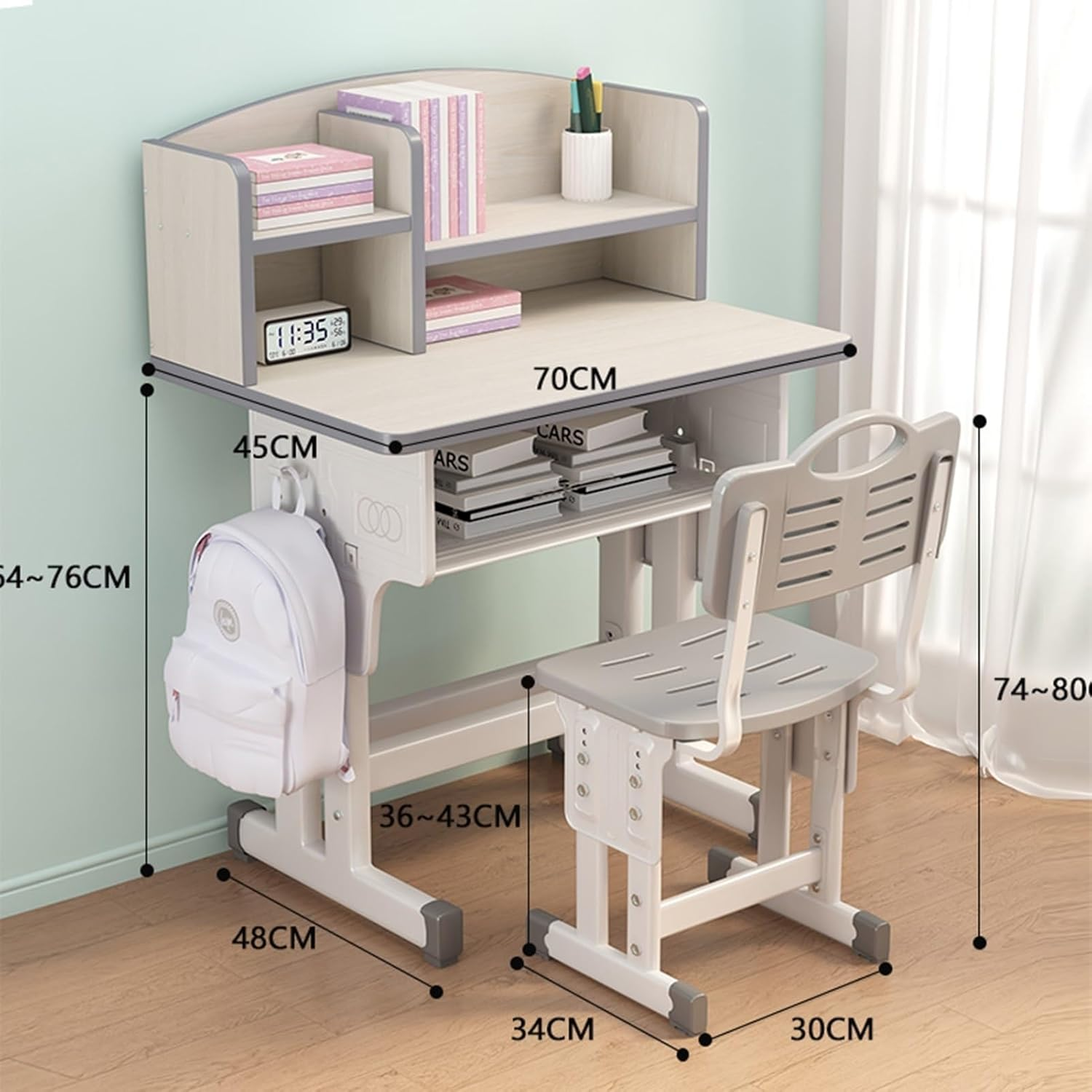 Kids' Study Desk Chair Sets, Adjustable Height, Ergonomic Design, with Large Storage Drawer and Bookshelf, Grey, for Bedroom image number 6