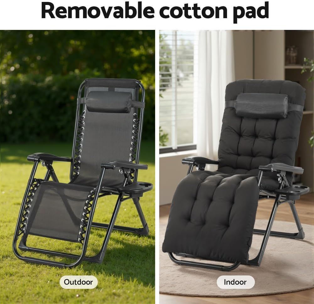 Gardeon Sun Lounge, Folding Camping Chair Lounger Day Bed Chaise Beach Chairs Outdoor Furniture Garden Patio Setting Pool Backyard, with Cotton Padded Seat Armrest Adjustable Backrest All Black