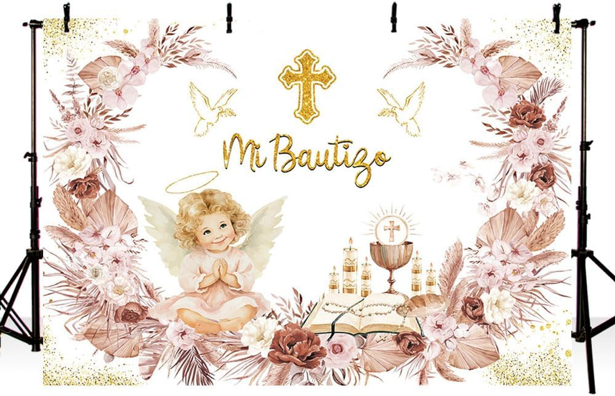 MEHOFOND 2.1 X 1.5 M Girls Christening Decoration Background Mi Bautigo Cross Bohemian Flower Photography Background First Communion Church Christening Party Decoration Banner Studio Supplies