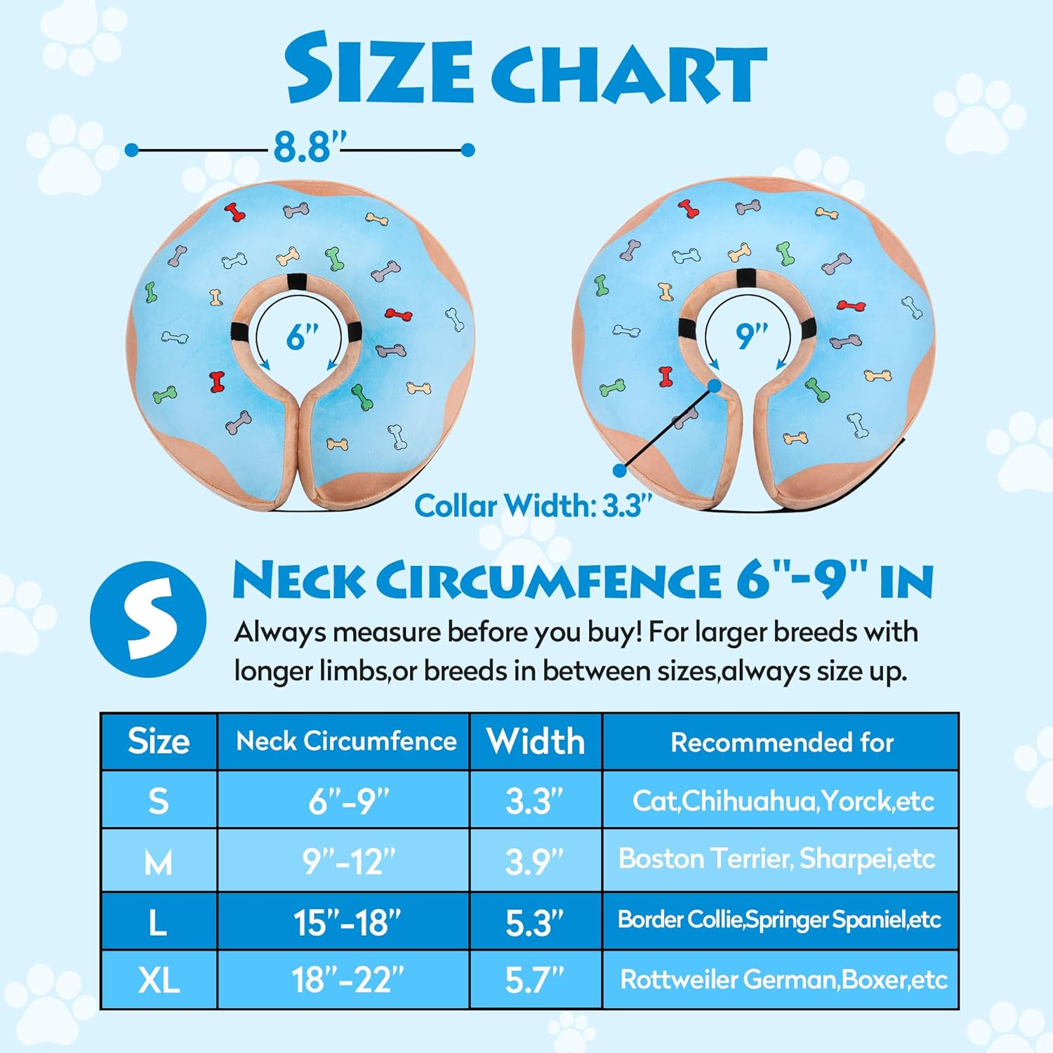 Inflatable Recovery Dog Cone, Protection Dount Collar for Small Medium Large Dogs, Adjustable Soft E-Collar for Dogs and Cats after Surgery, Cute Dog Bone Pattern (Blue, Small)