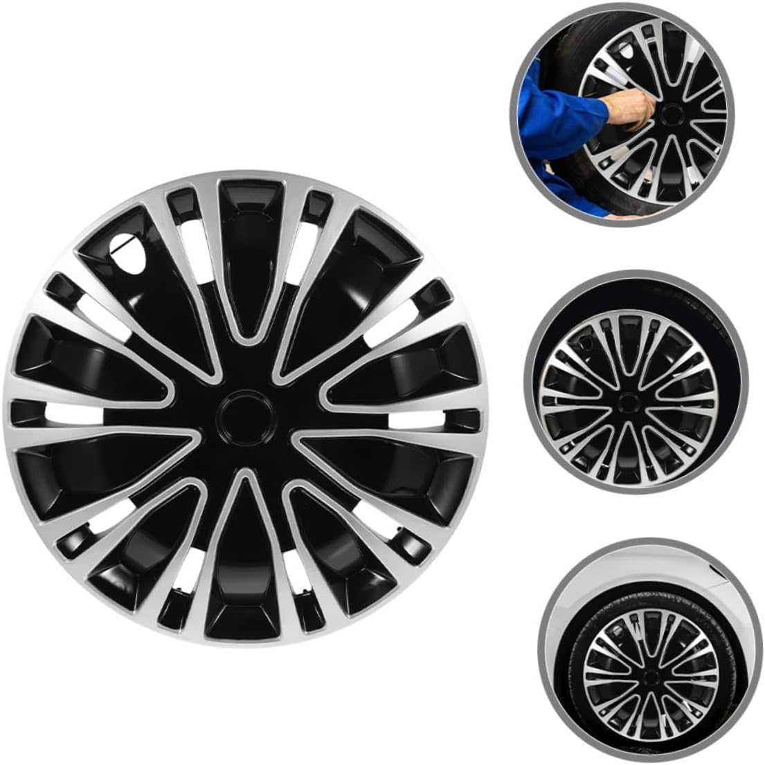 EXAOMBLE Universal 14-Inch Wheel Rim Cover Hubcap Car Wheel Hub Caps Silver Black Steel Alloy Covers for Vehicle Rim Protection and Exterior Decoration image number 1