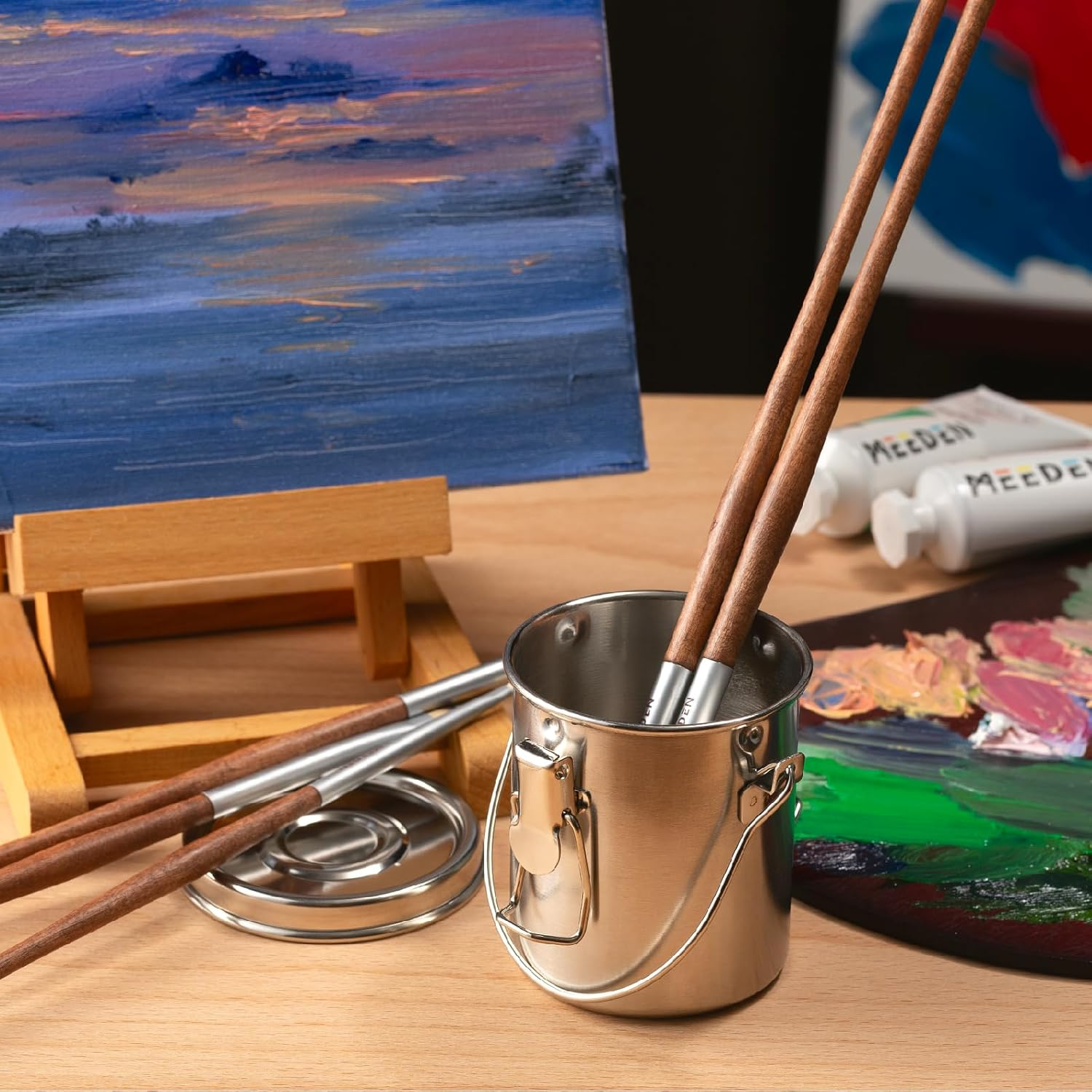 MEEDEN Portable Paint Brush Washer: Airtight Stainless Steel Artist Brush Cleaner for Oil & Acrylic Painting - Small