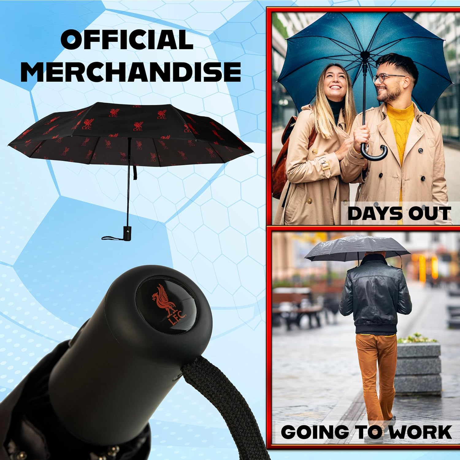 Liverpool FC Umbrella for Adults and Teens - Compact Folding Telescopic Umbrella Lightweight - Liverpool Gifts for Him, Black image number 3