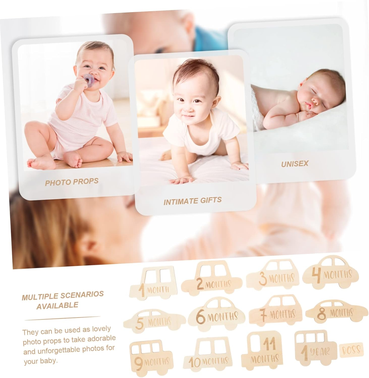 ERINGOGO 13Pcs Photo Props Announcement Sign Cards Wooden Monthly Baby Growth Recording Milestone Name Newborn Boys First Birth Announcement Wood Souvenir Photography