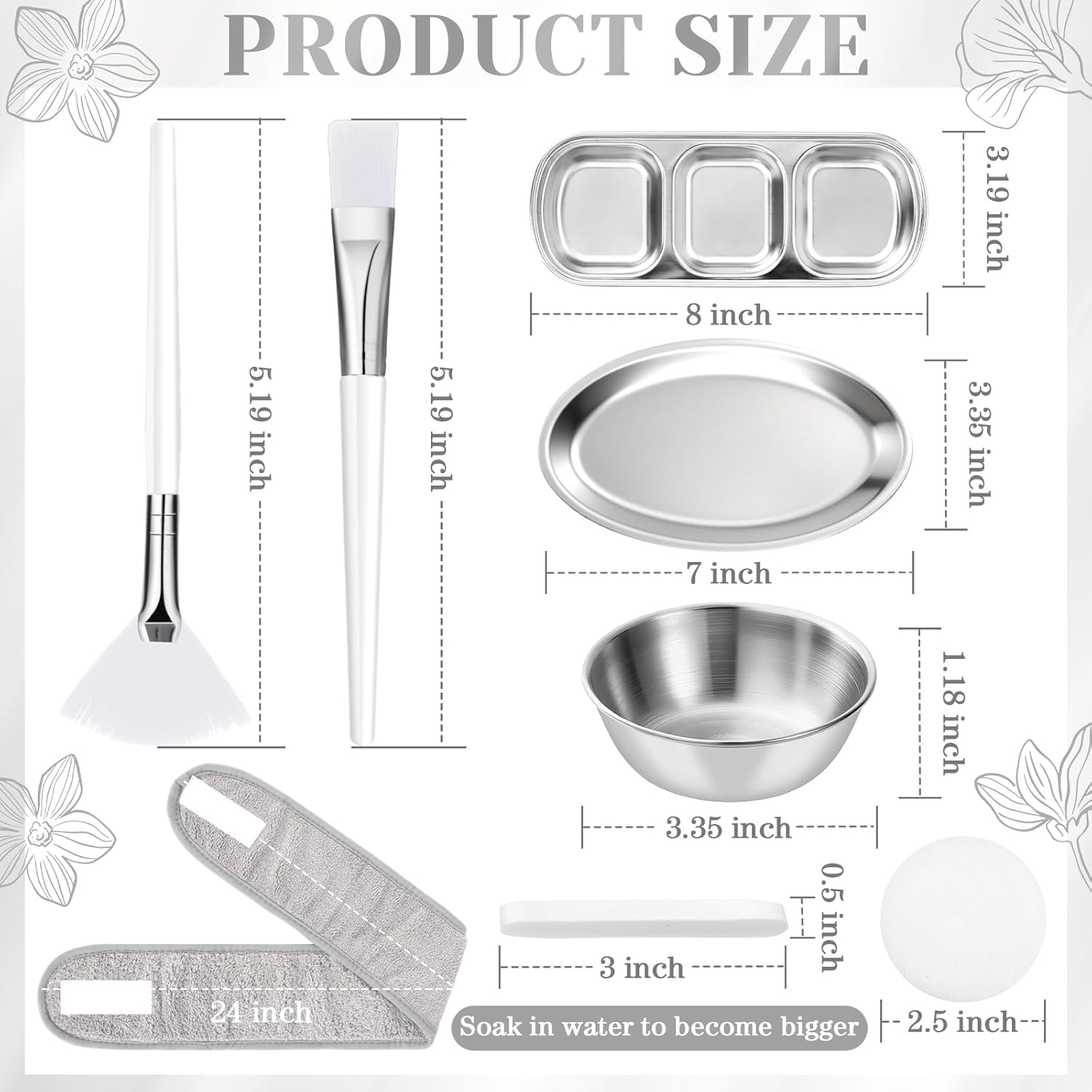 Lemonroad 25 Pcs Esthetician Facial Supplies Set, 3 Stainless Steel Mixing Bowls, 2 Serving Trays, 6 Brushes, 2 Hairbands, 12 Compressed Sponges for Women Facial Mask Spa Home Use (Silver) image number 2