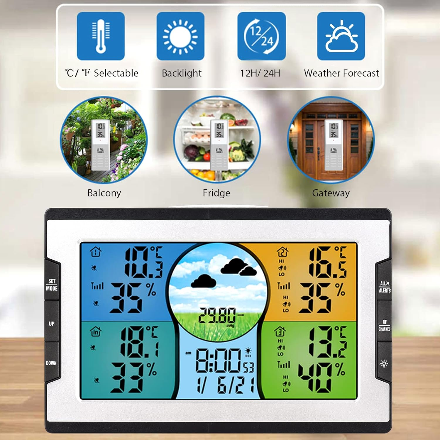 Digital Weather Station with 3 Remote Sensors 328Ft/ 100M Indoor Outdoor Temperature Humidity Monitor Alarm Clock with Snooze Thermohygrometer with Weather Forecast/Pressure/Backlight/Date/Week/ image number 5