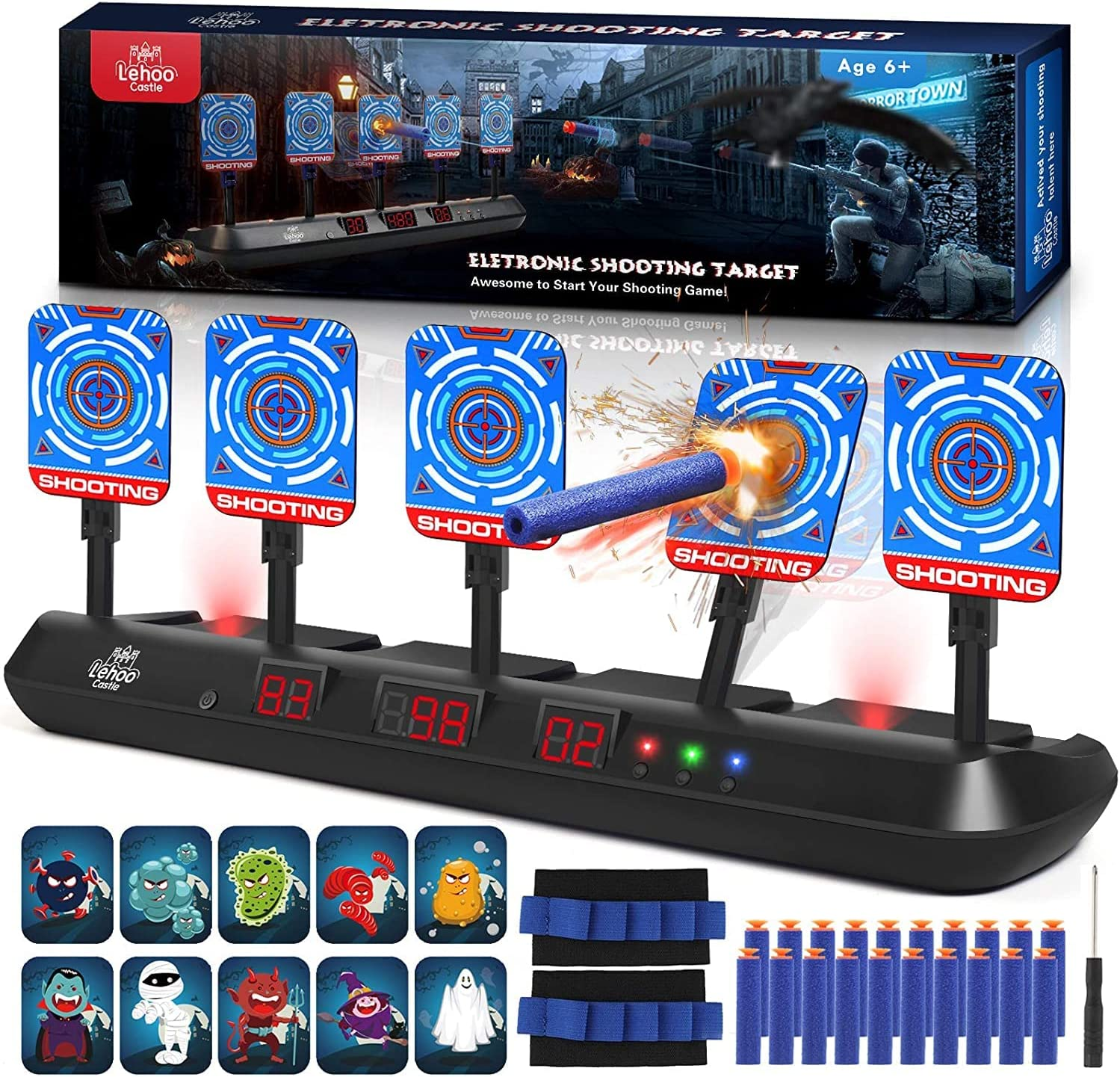 Lehoo Castle Nerf Target Set, 5 Electronic Digital Targets for Nerf Guns, Auto-Reset, Scoring, Includes 20 Bullets, Wrist Bands, Stickers, Outdoor Game for Boys & Girls, Ages 6+