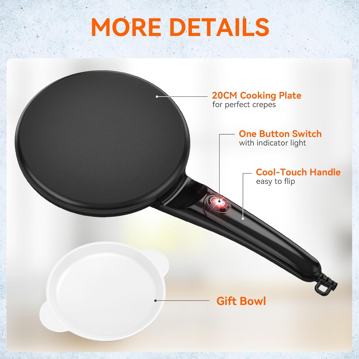 SNAILAR Crepes Maker, Electric Crepe Maker with Handle, Non-Stick Coating, Heating Surface with Diameter 20 Cm, 800 W, Automatic Temperature Control, Easy to Use, for Crepes, Pancakes and Taccos. image number 5